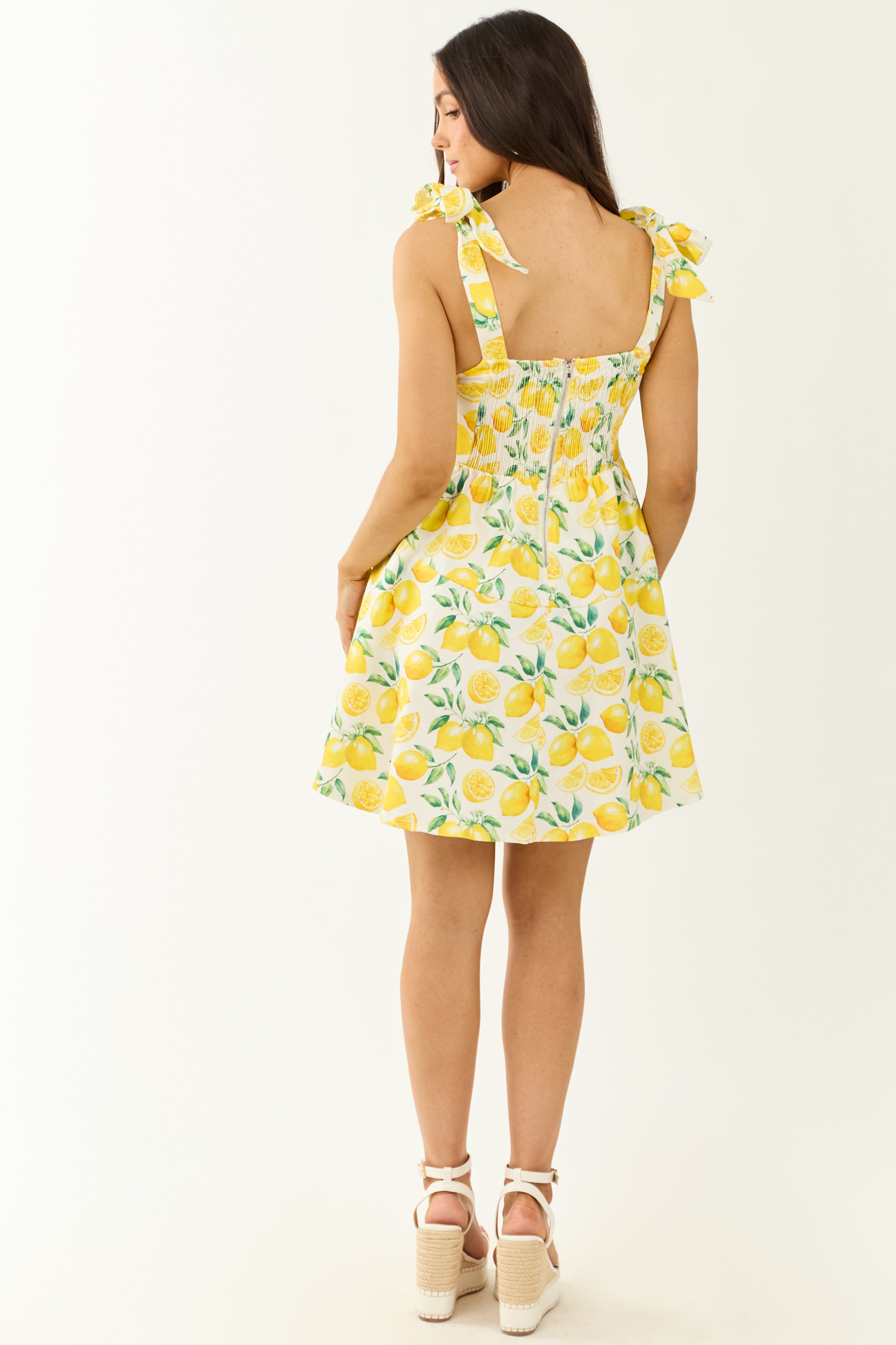 Lovelo Ivory Lemon Print Denim Sleeveless Mini Dress