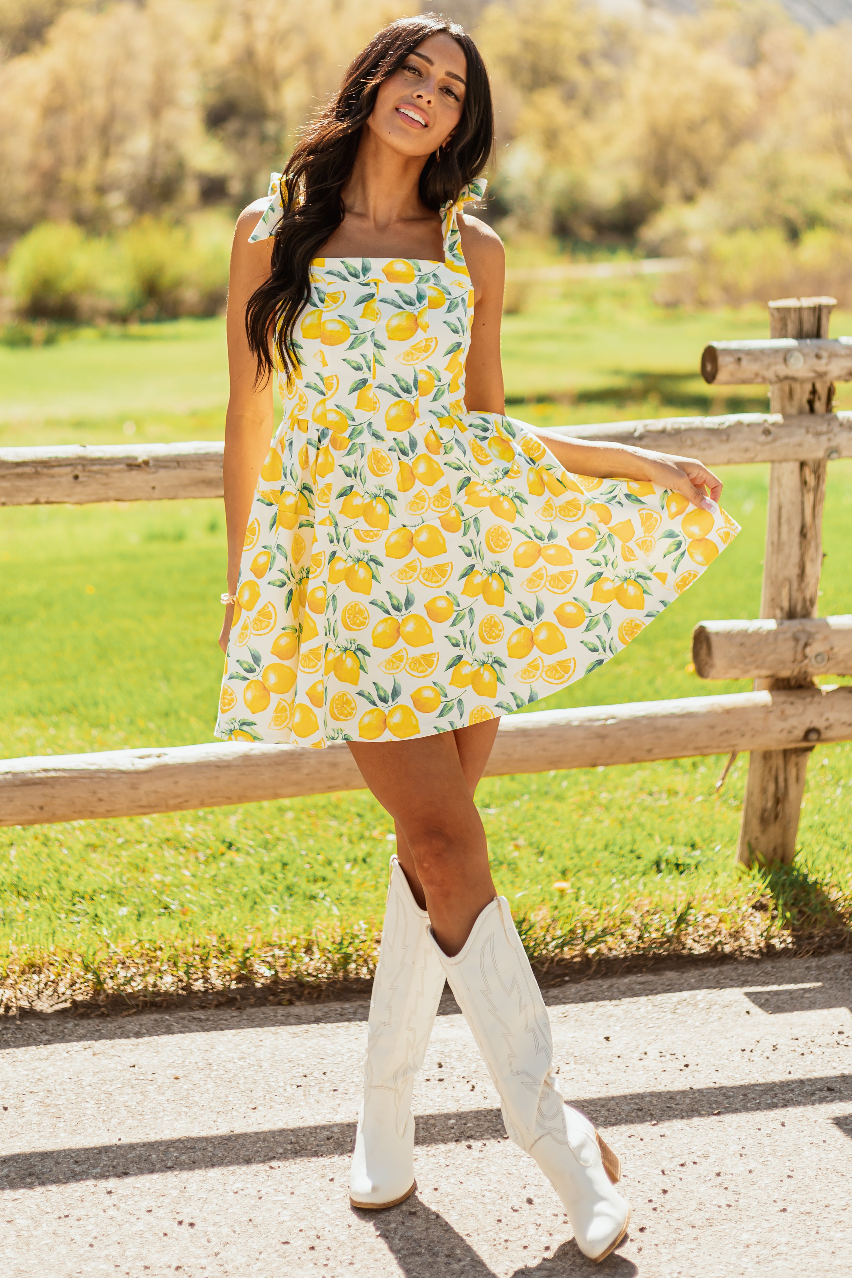 Lovelo Ivory Lemon Print Denim Sleeveless Mini Dress
