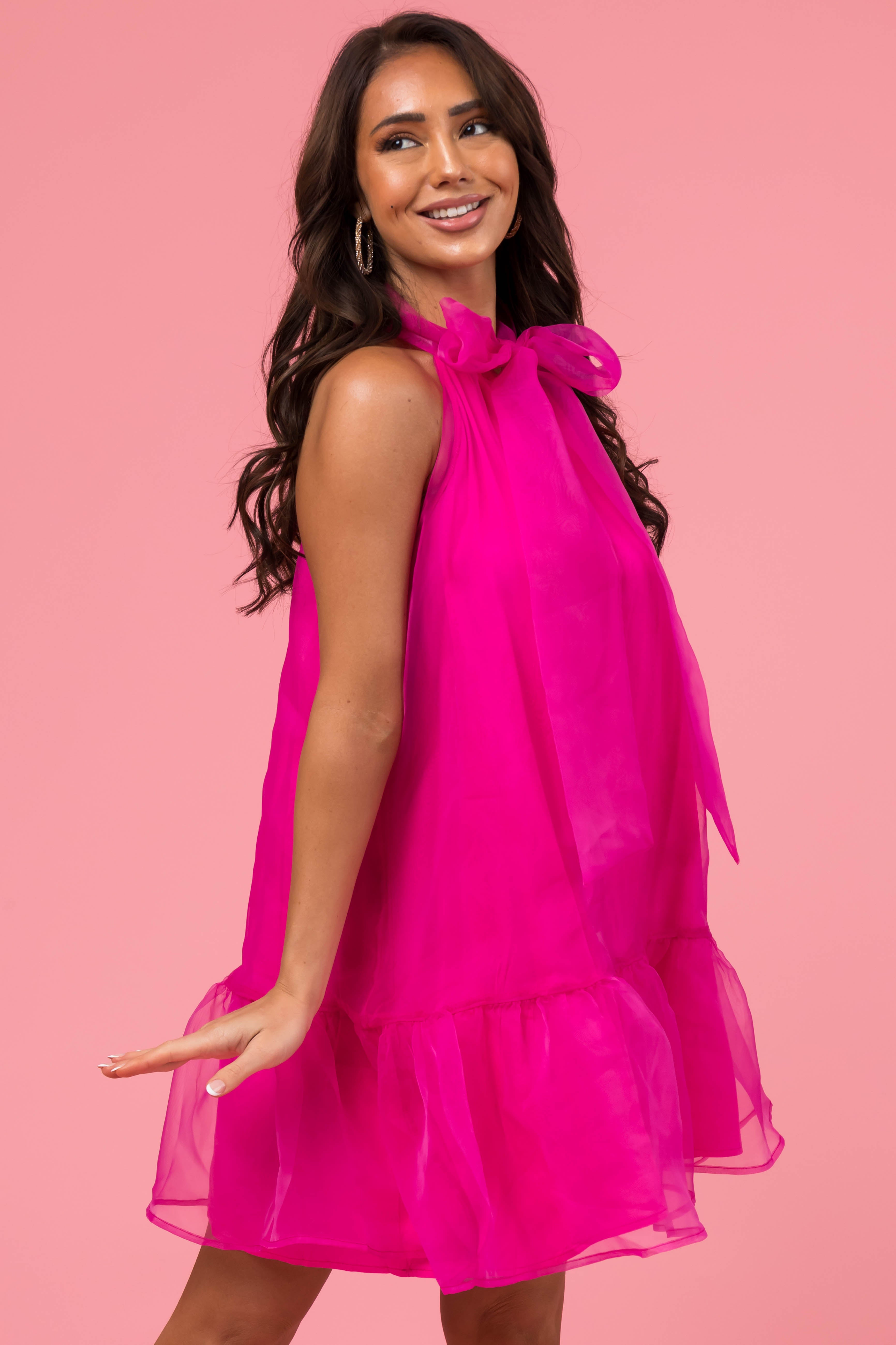 Zenana-Raw Edge Gauze V-Neck Dress Neon Hot Pink / Small