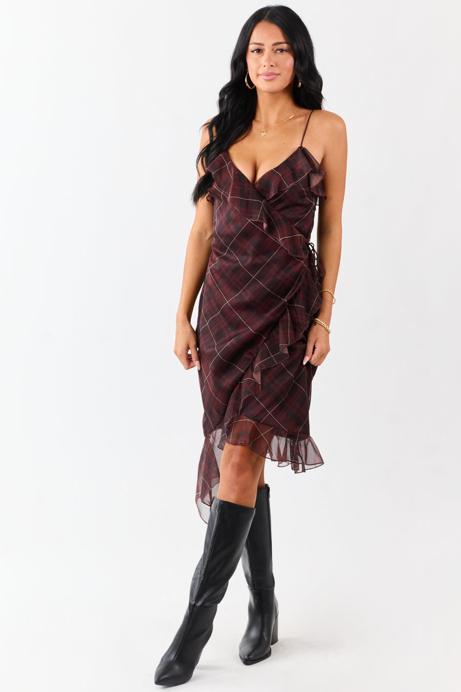 Mahogany Plaid Ruffled Wrap Style Short Dress Mahogany Plaid Ruffled Wrap Style Short Dress