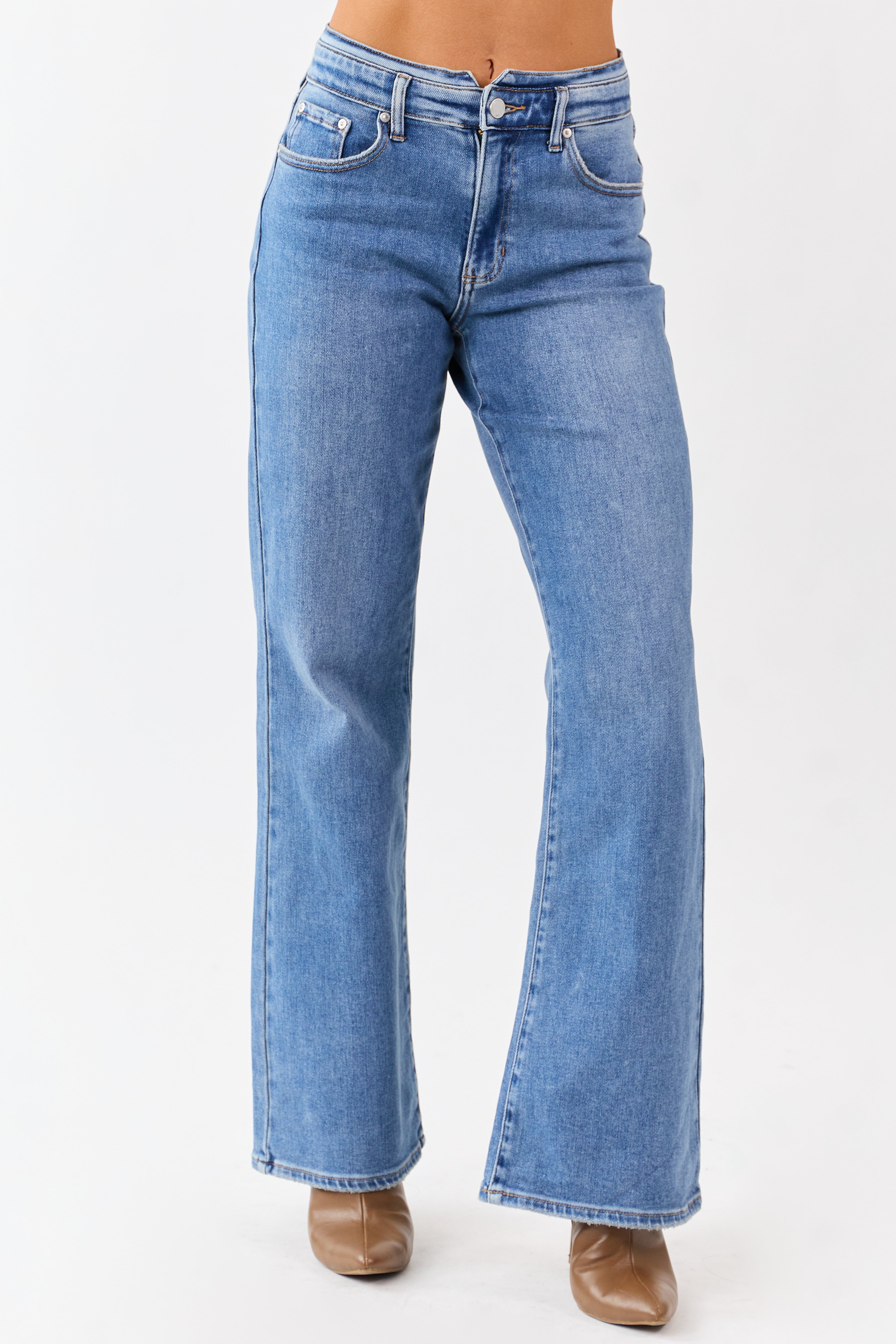 Medium Wash Waist Detail Stretchy Wide Leg Jeans