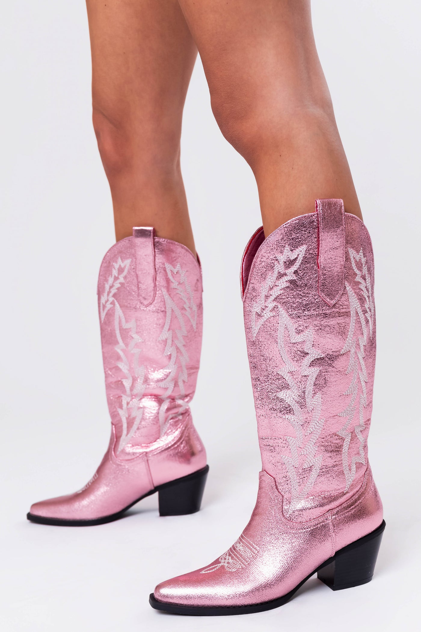 Metallic Pink Embroidered Western Boots