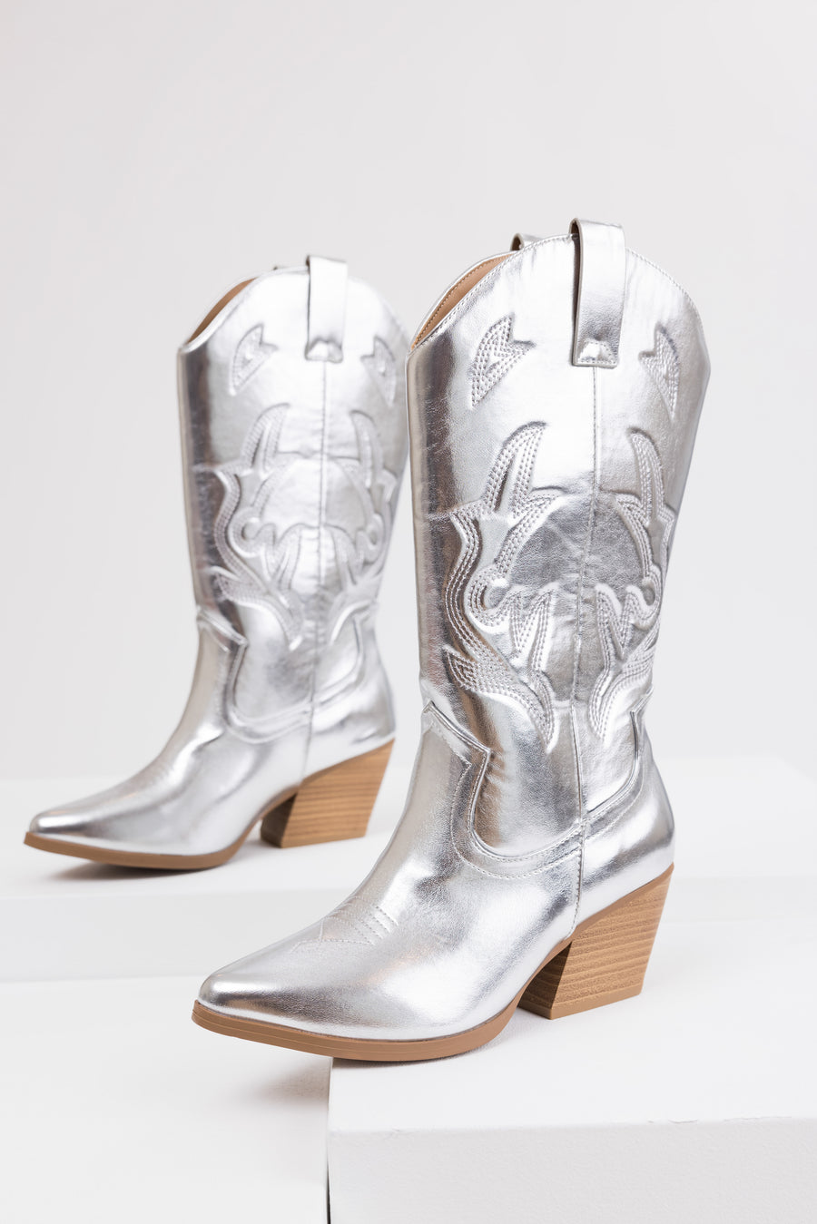 Metallic Silver Embroidered Tall Western Boots