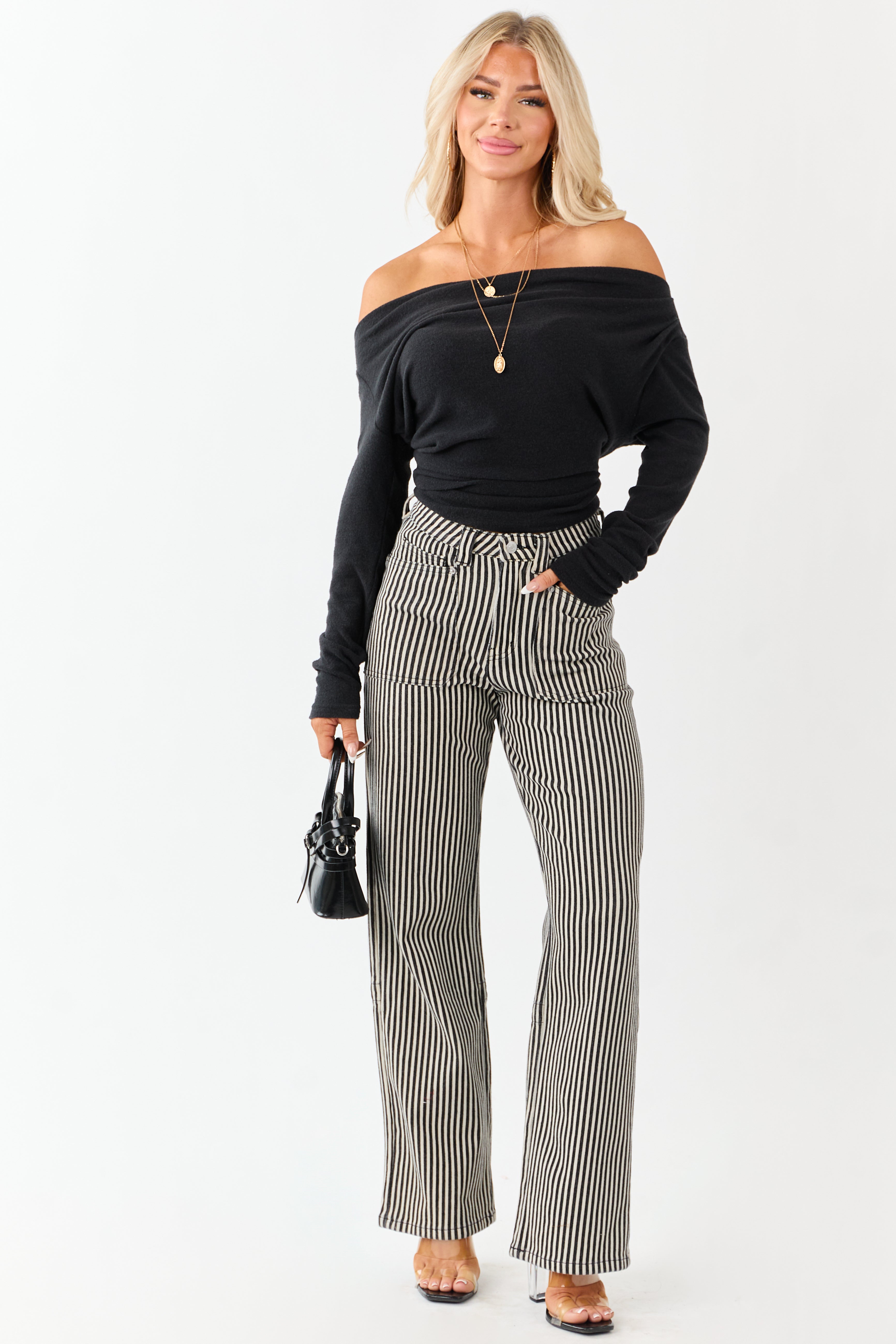 Mica Denim Black Striped Stretchy Straight Pants