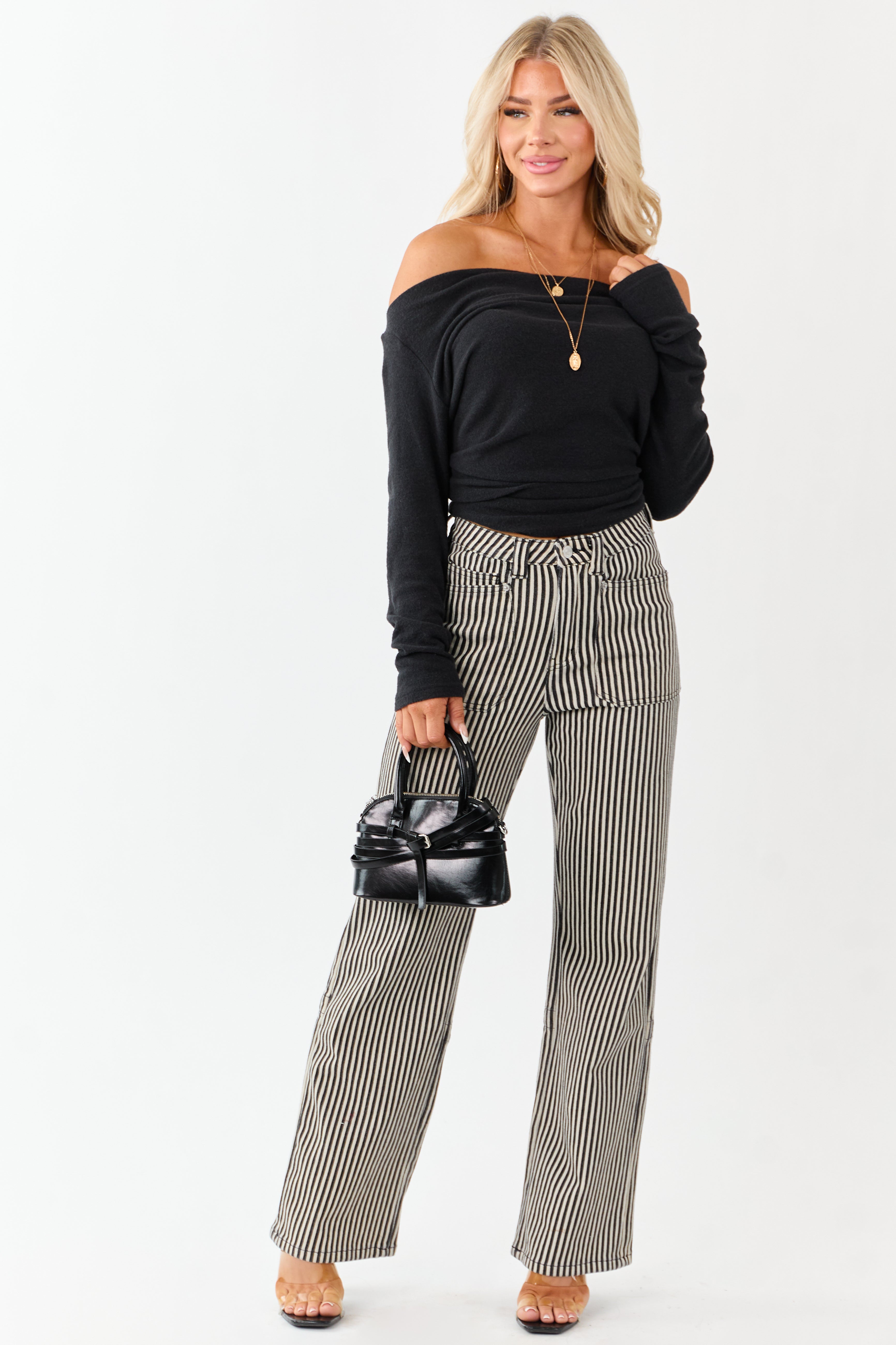 Mica Denim Black Striped Stretchy Straight Pants