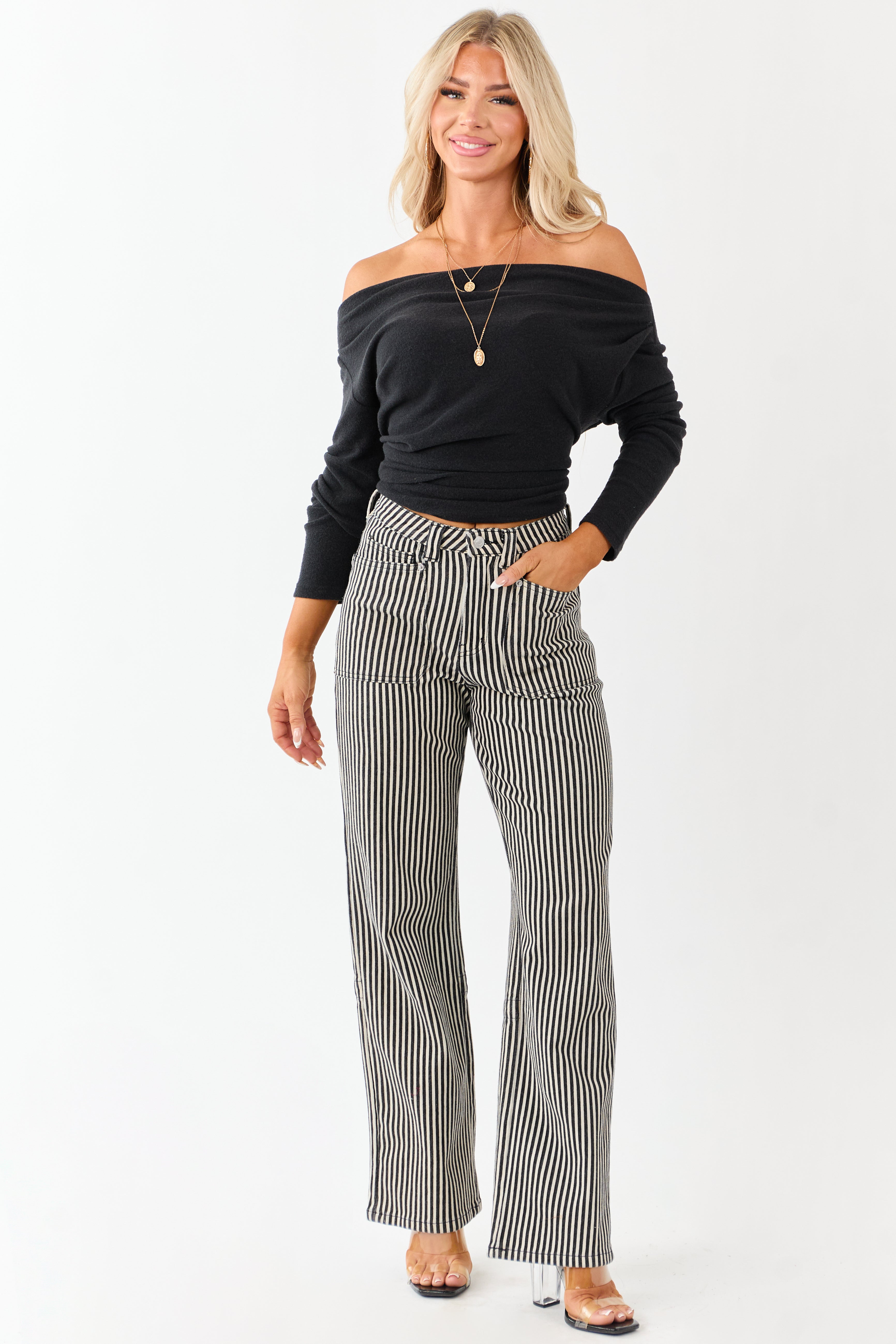 Mica Denim Black Striped Stretchy Straight Pants