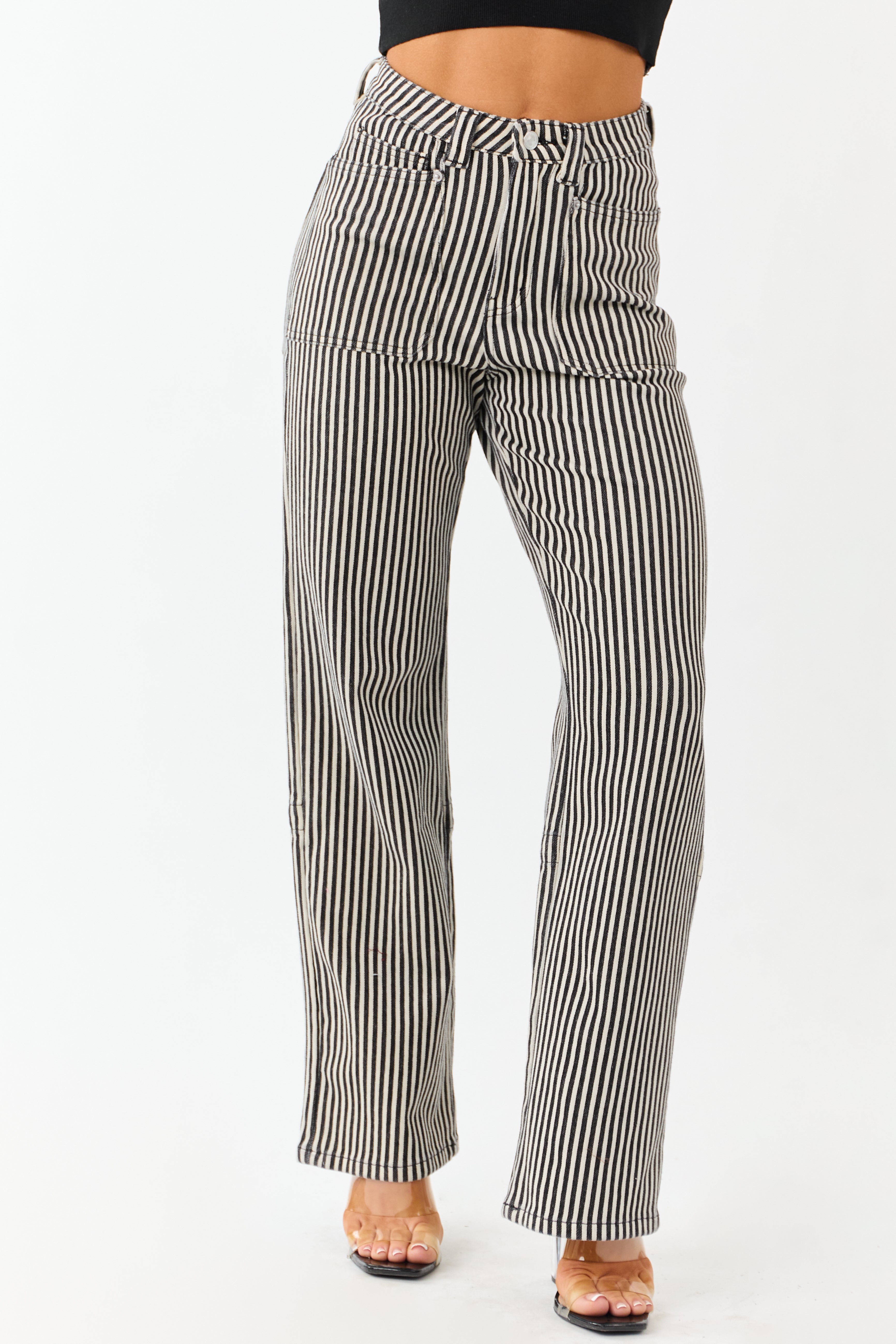 Mica Denim Black Striped Stretchy Straight Pants