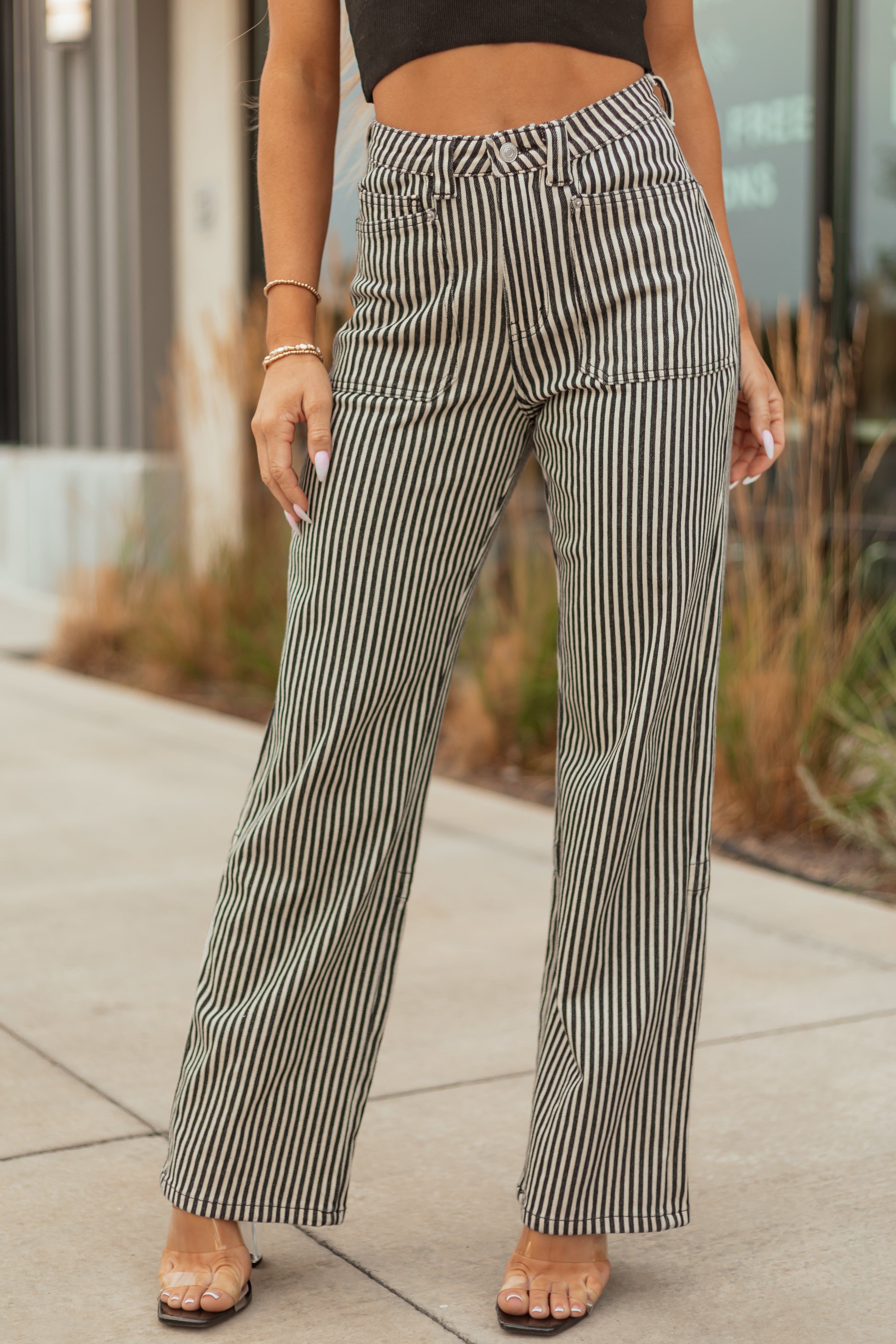 Mica Denim Black Striped Stretchy Straight Pants