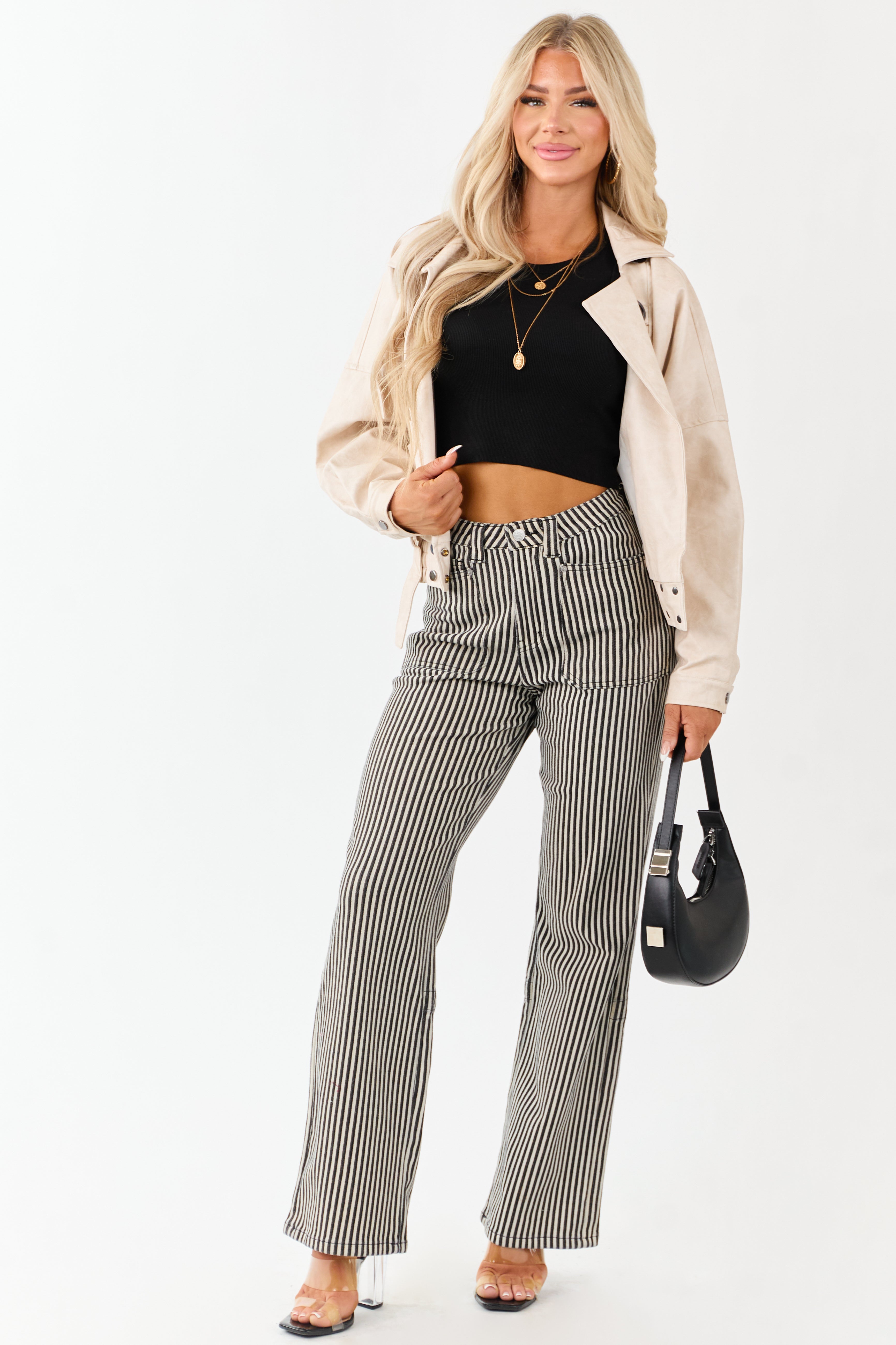 Mica Denim Black Striped Stretchy Straight Pants