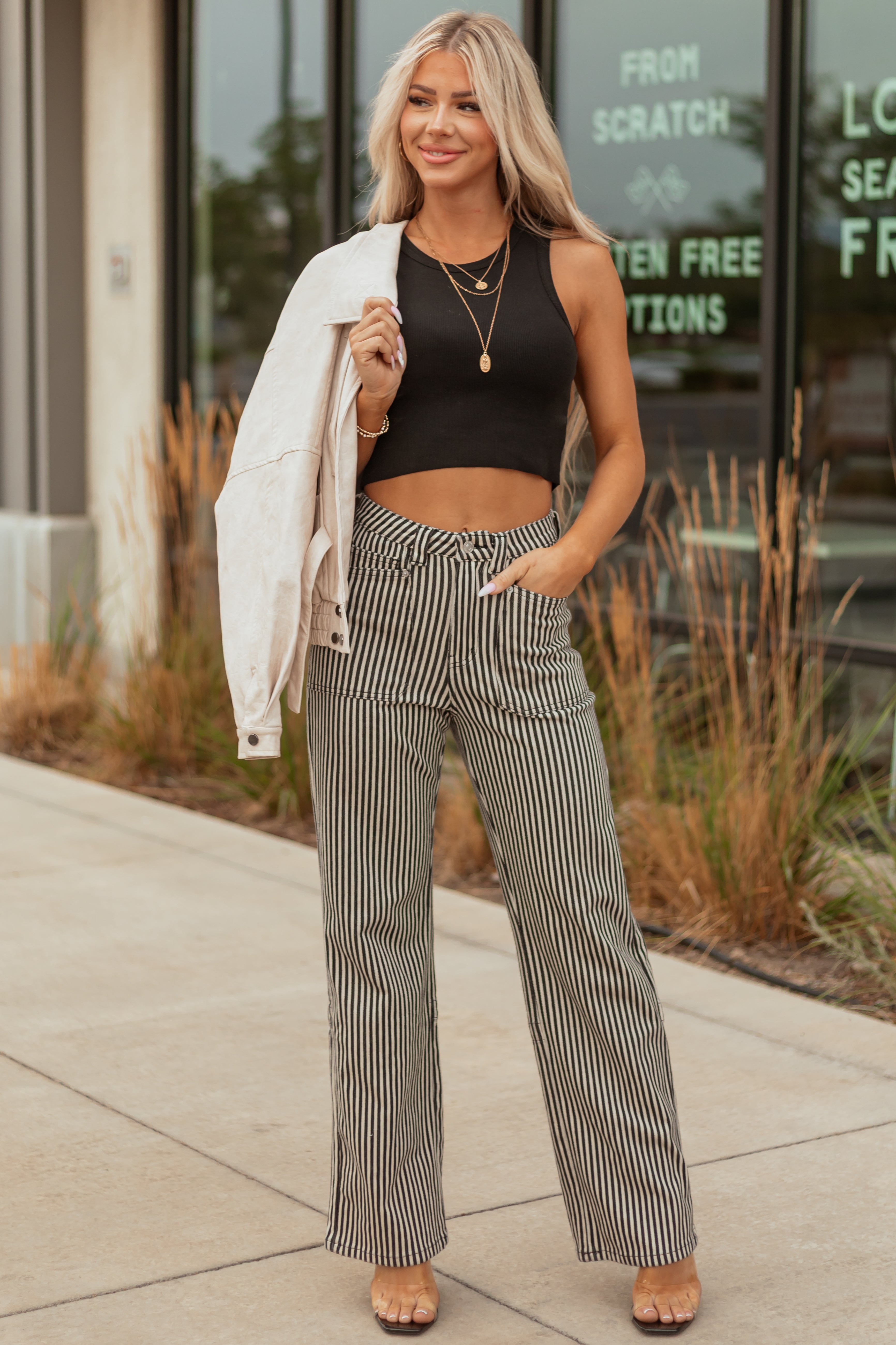 Mica Denim Black Striped Stretchy Straight Pants