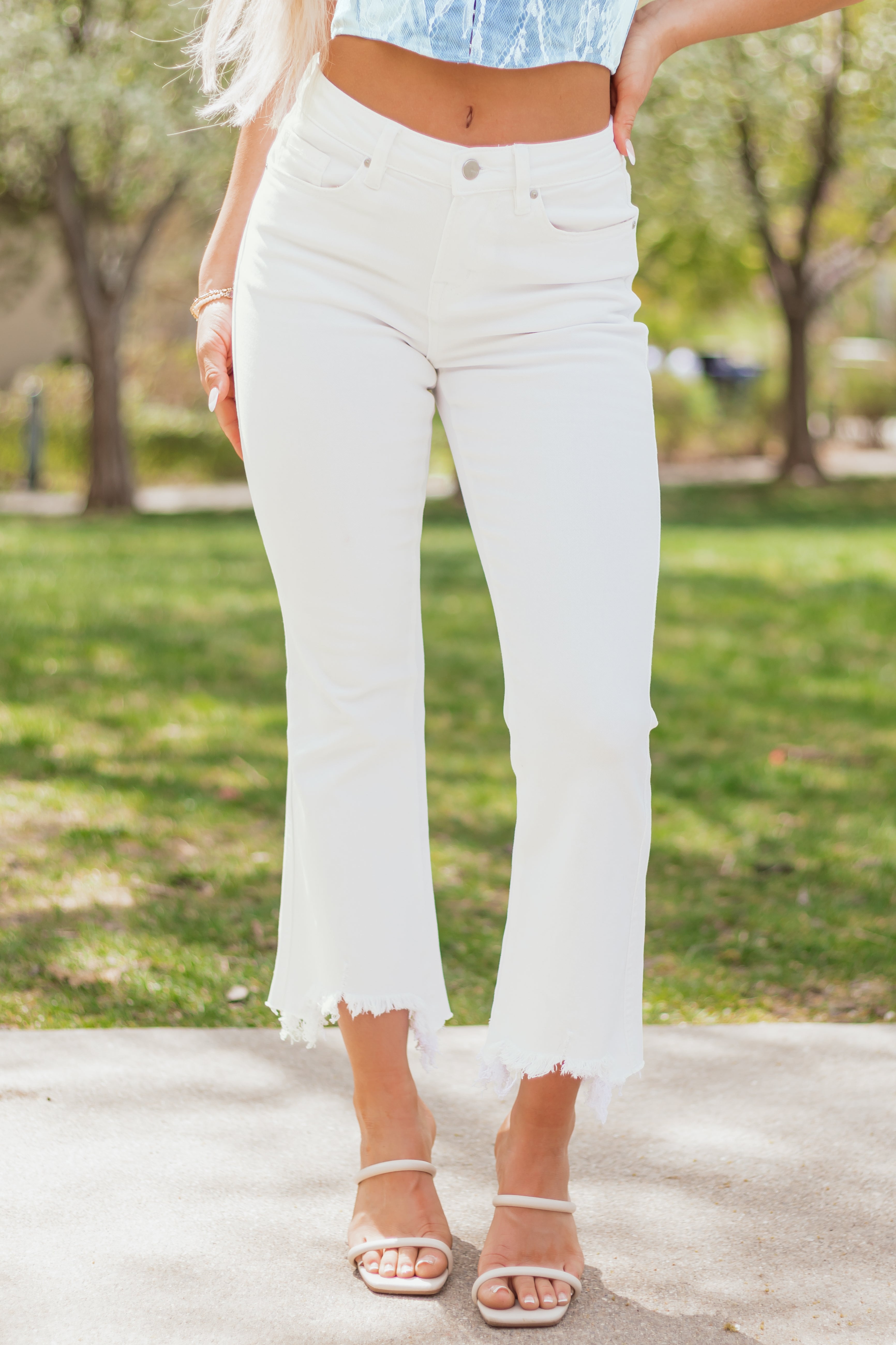 Mica Denim Off White Stretchy Crop Flare Jeans