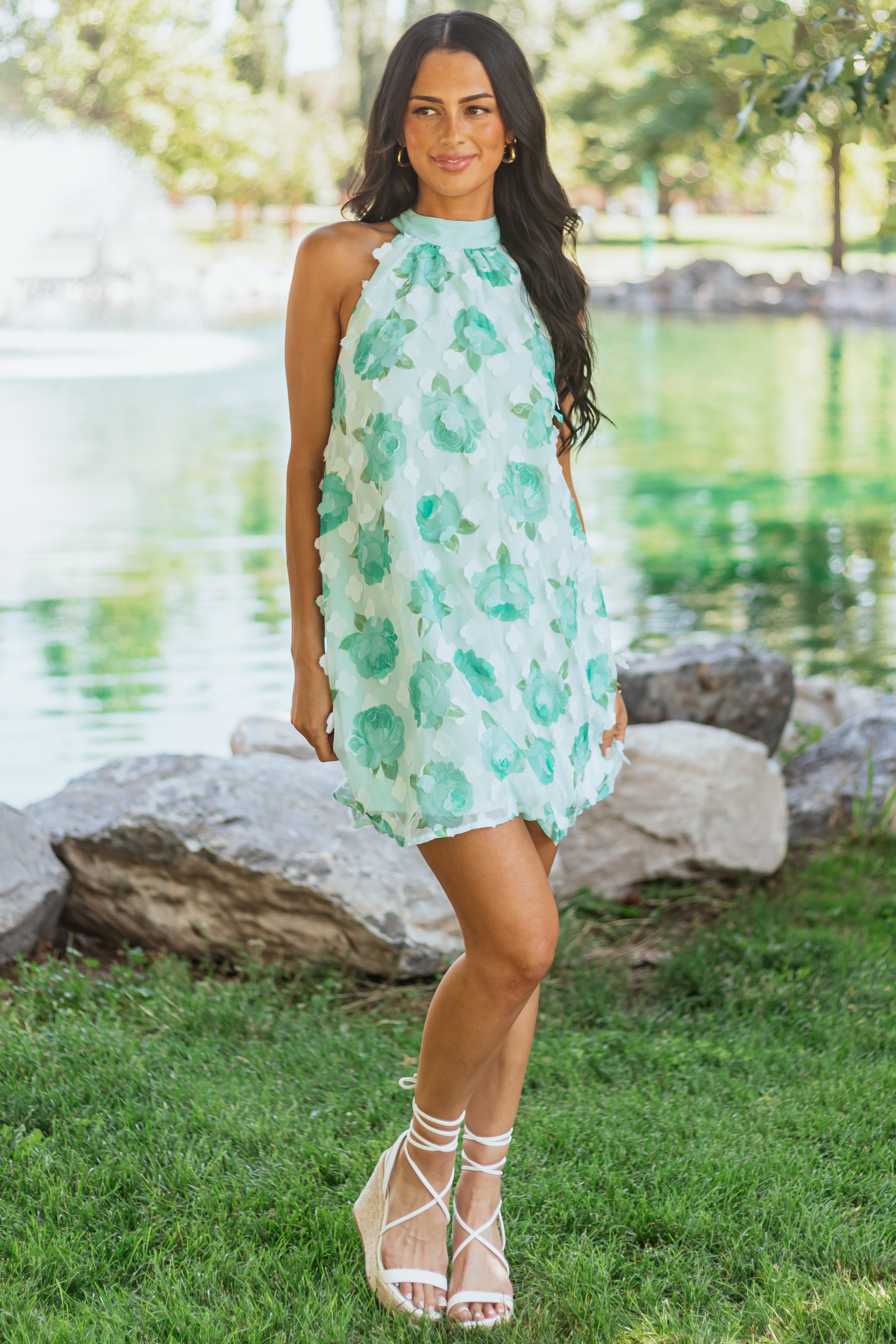 Mint 3D Floral Rose Print Halter Neck Mini Dress