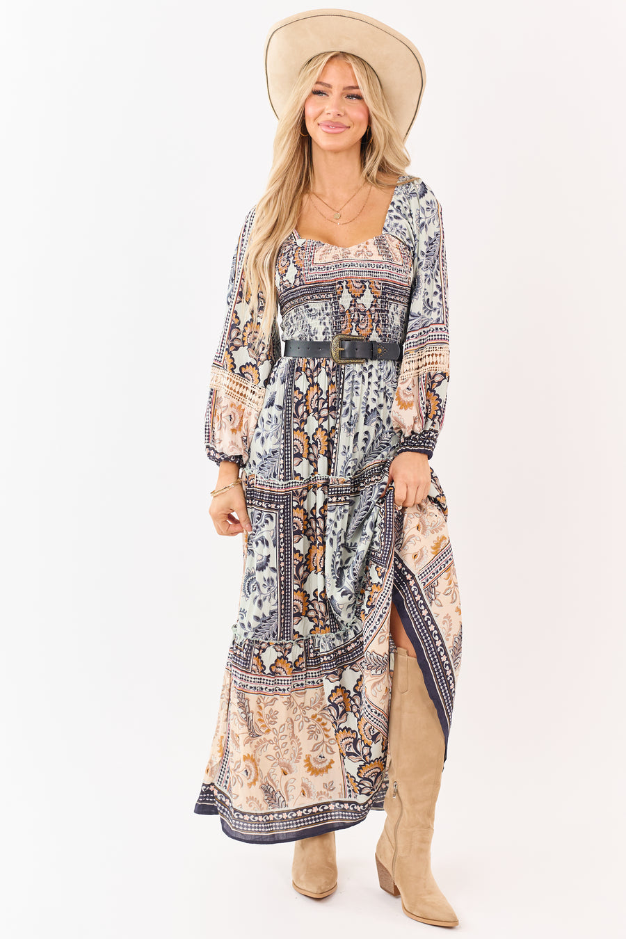 Mint Boho Tile Print Smocked Long Sleeve Maxi Dress Mint Boho Tile Print Smocked Long Sleeve Maxi Dress