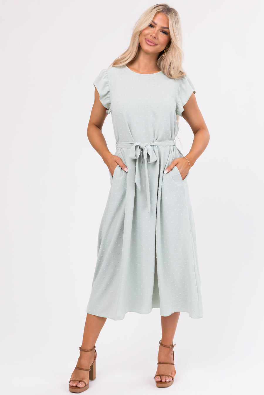 Mint Swiss Dot Short Ruffle Sleeve Midi Dress