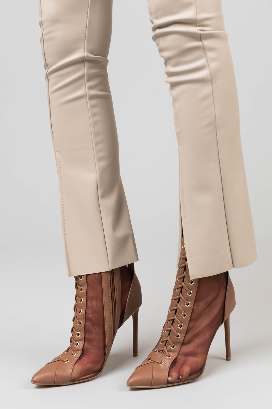 Mocha Sheer Mesh Lace Up Stiletto Booties