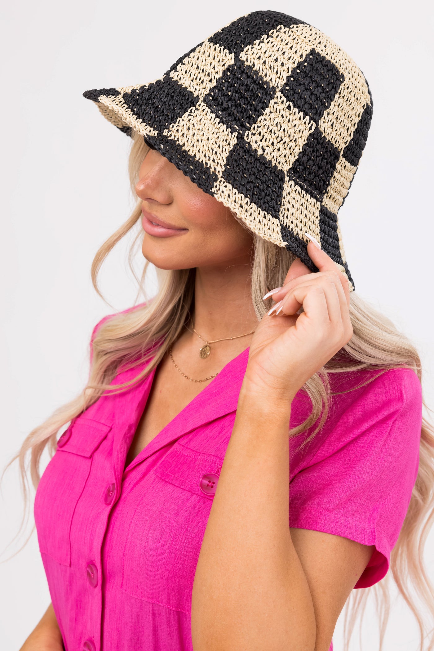 Natural and Black Checkered Straw Bucket Hat