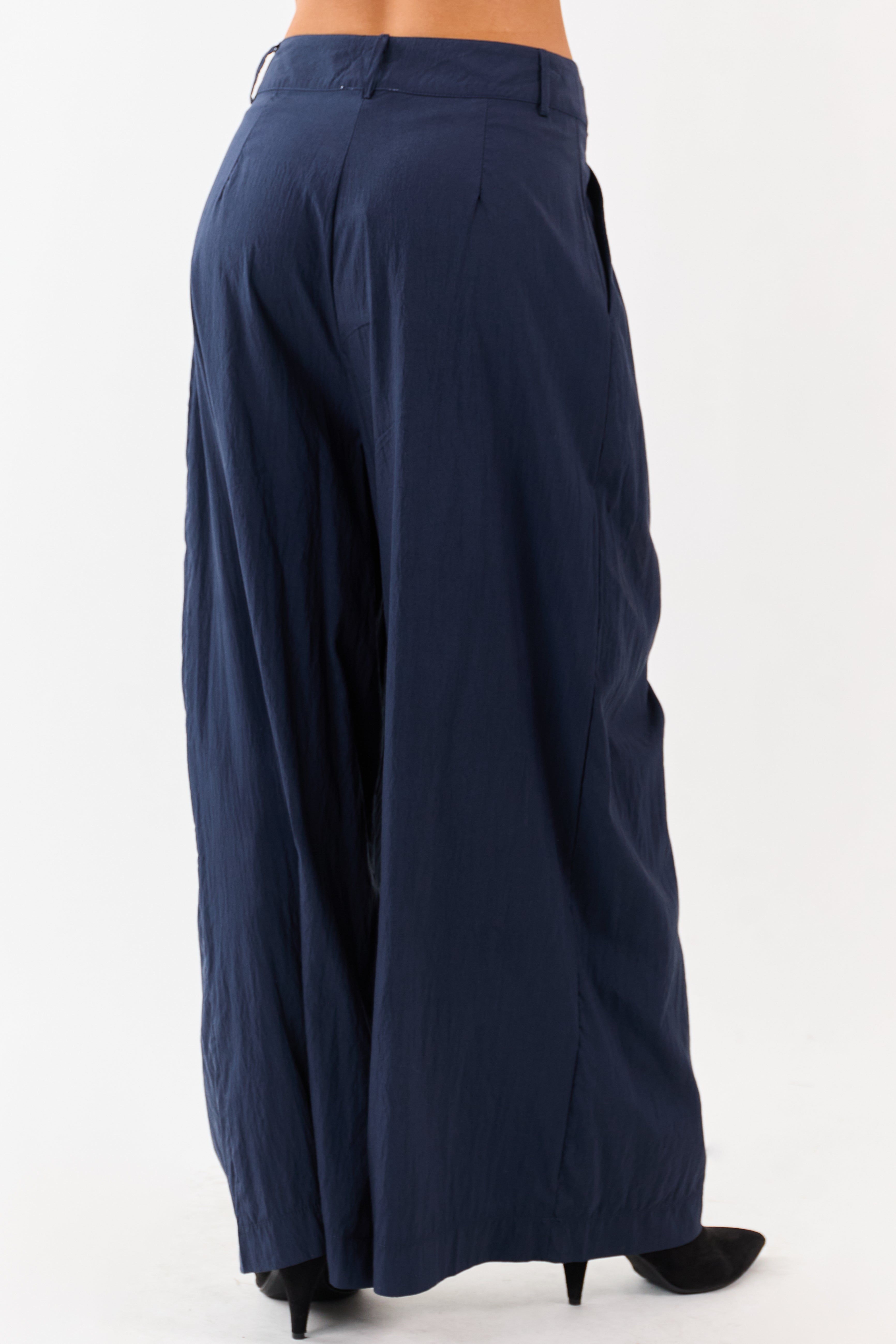 Navy Pleated High Waisted Wide Leg Palazzo Pants