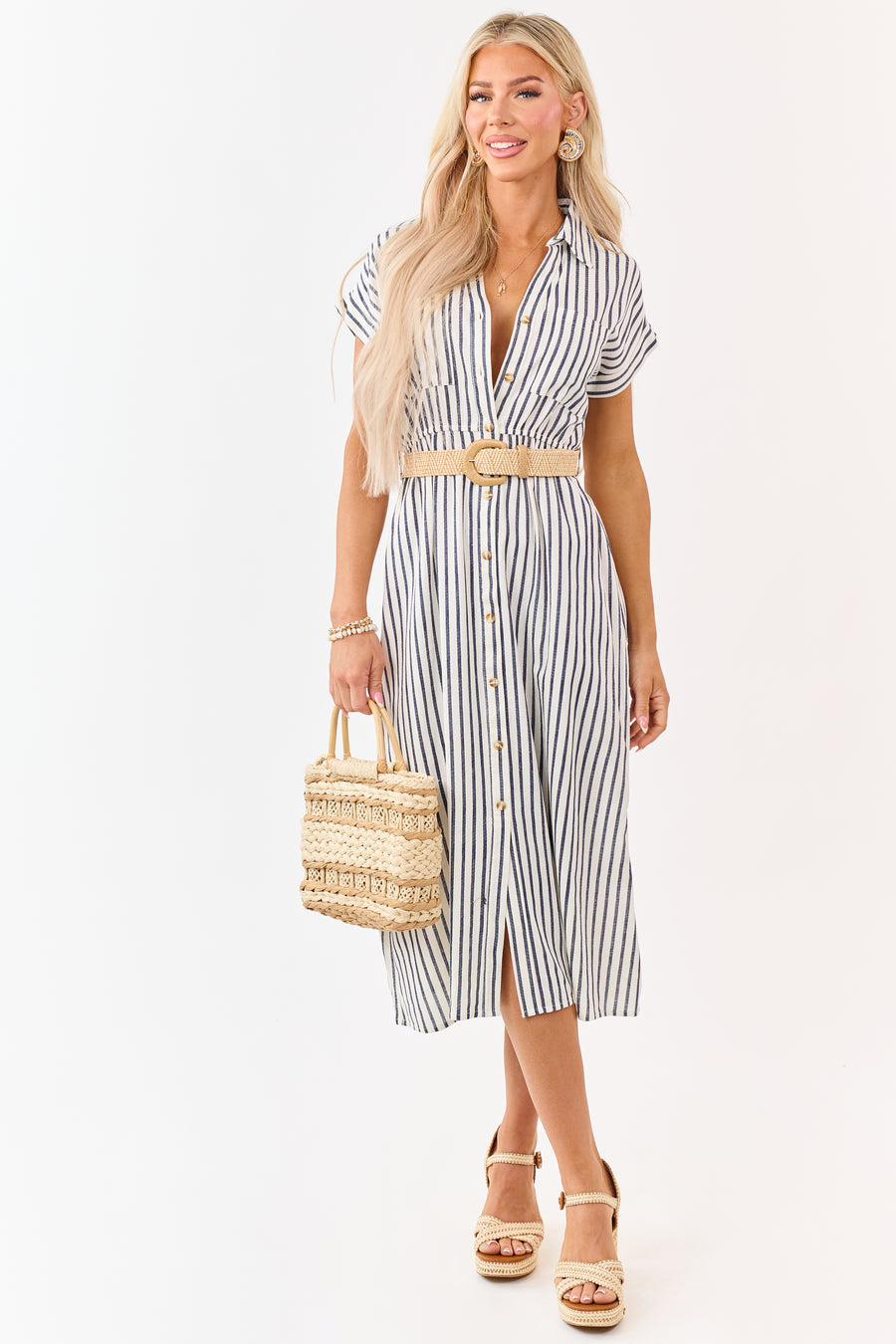 Navy Striped Button Down Midi Dress with Belt | Lime Lush Boutique Navy Striped Button Down Midi Dress with Belt | Lime Lush Boutique
