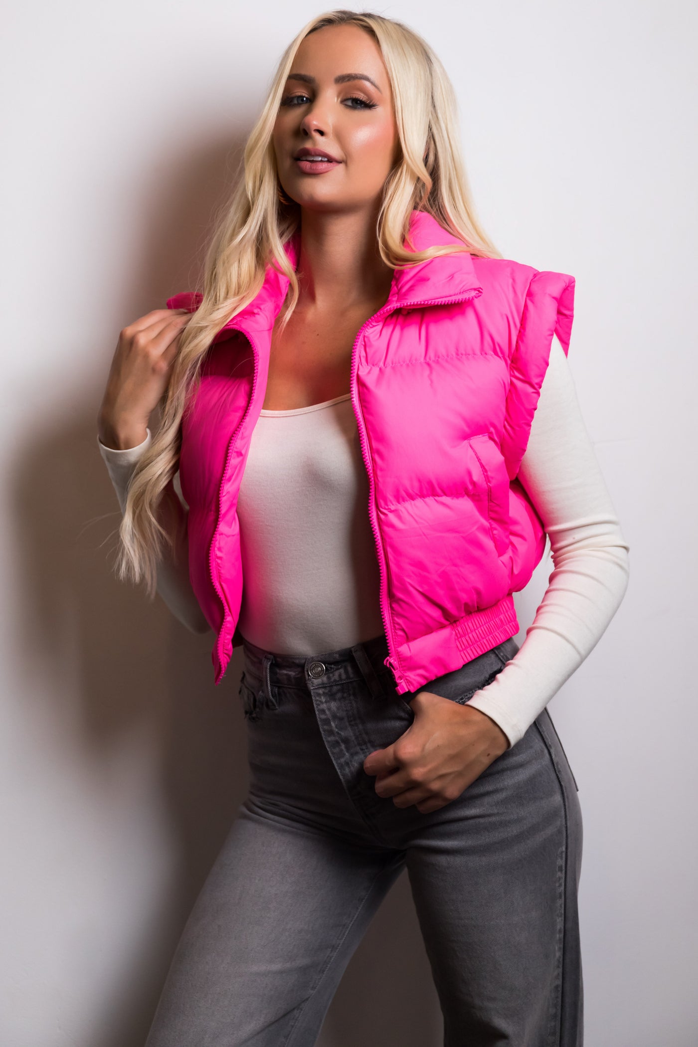 Neon Pink Elastic Hem Zip Up Puffer Vest