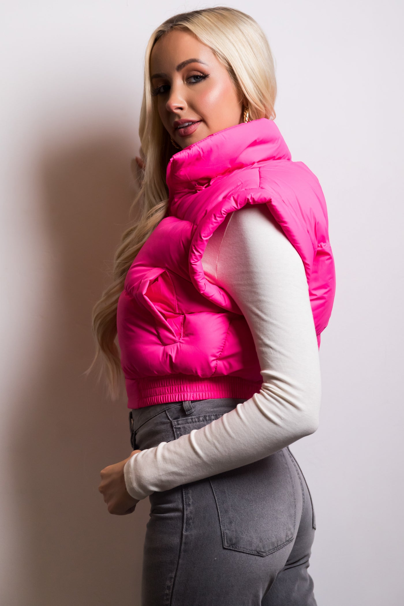 Neon Pink Elastic Hem Zip Up Puffer Vest