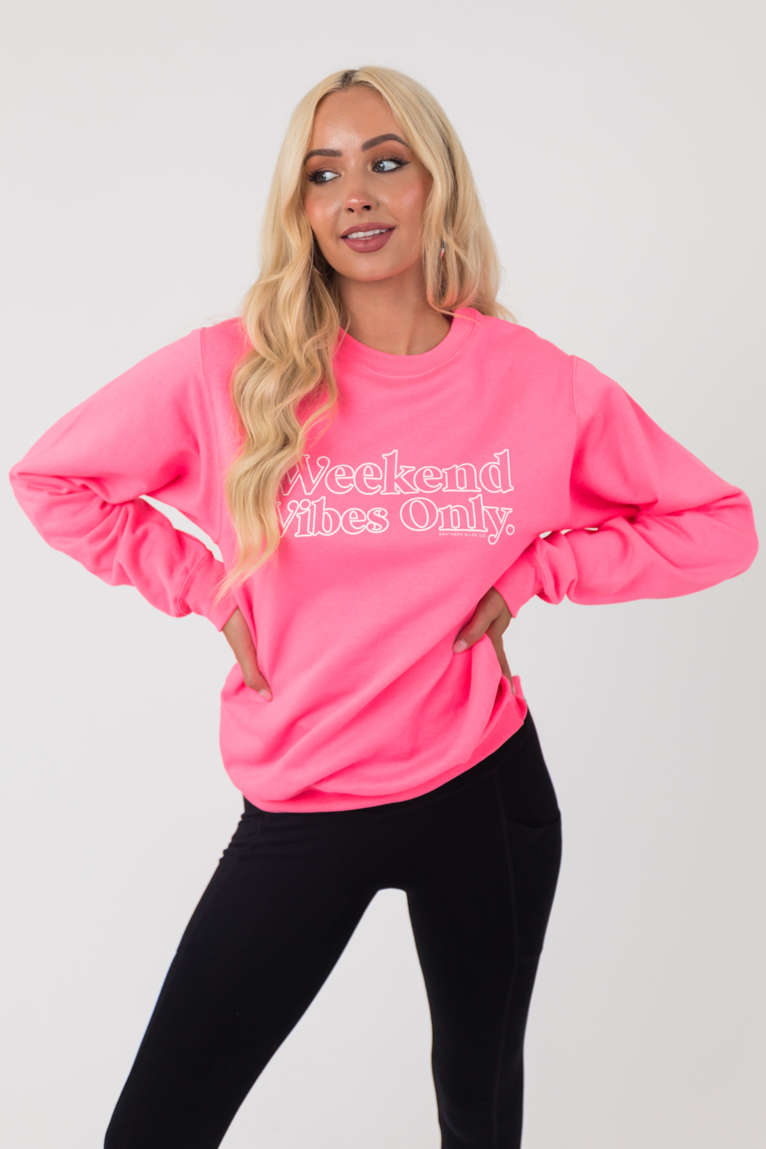 Neon Pink 'Weekend Vibes Only' Sweatshirt | Lime Lush