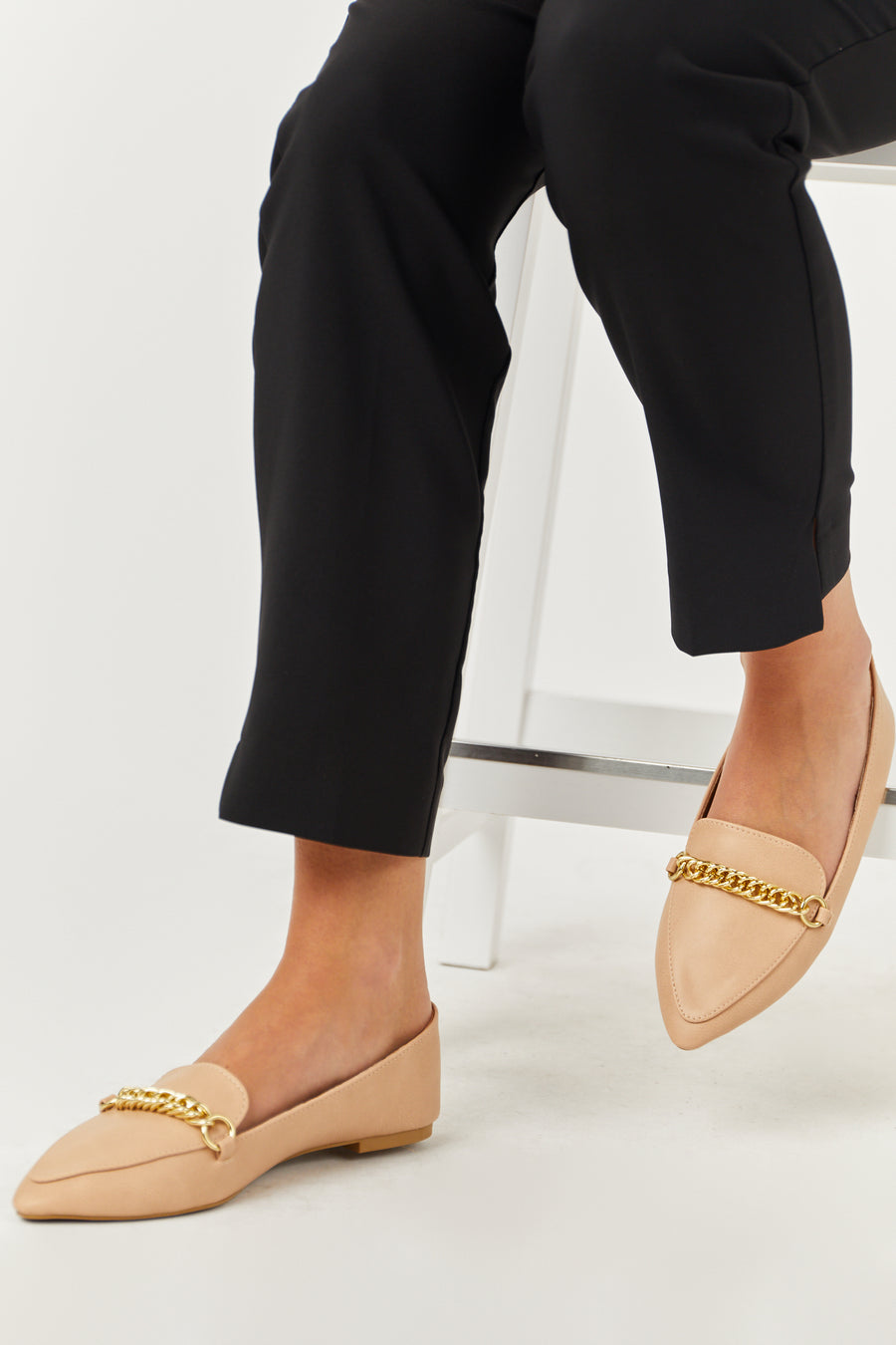 Nude Faux Leather Pointed Toe Gold Chain Loafers