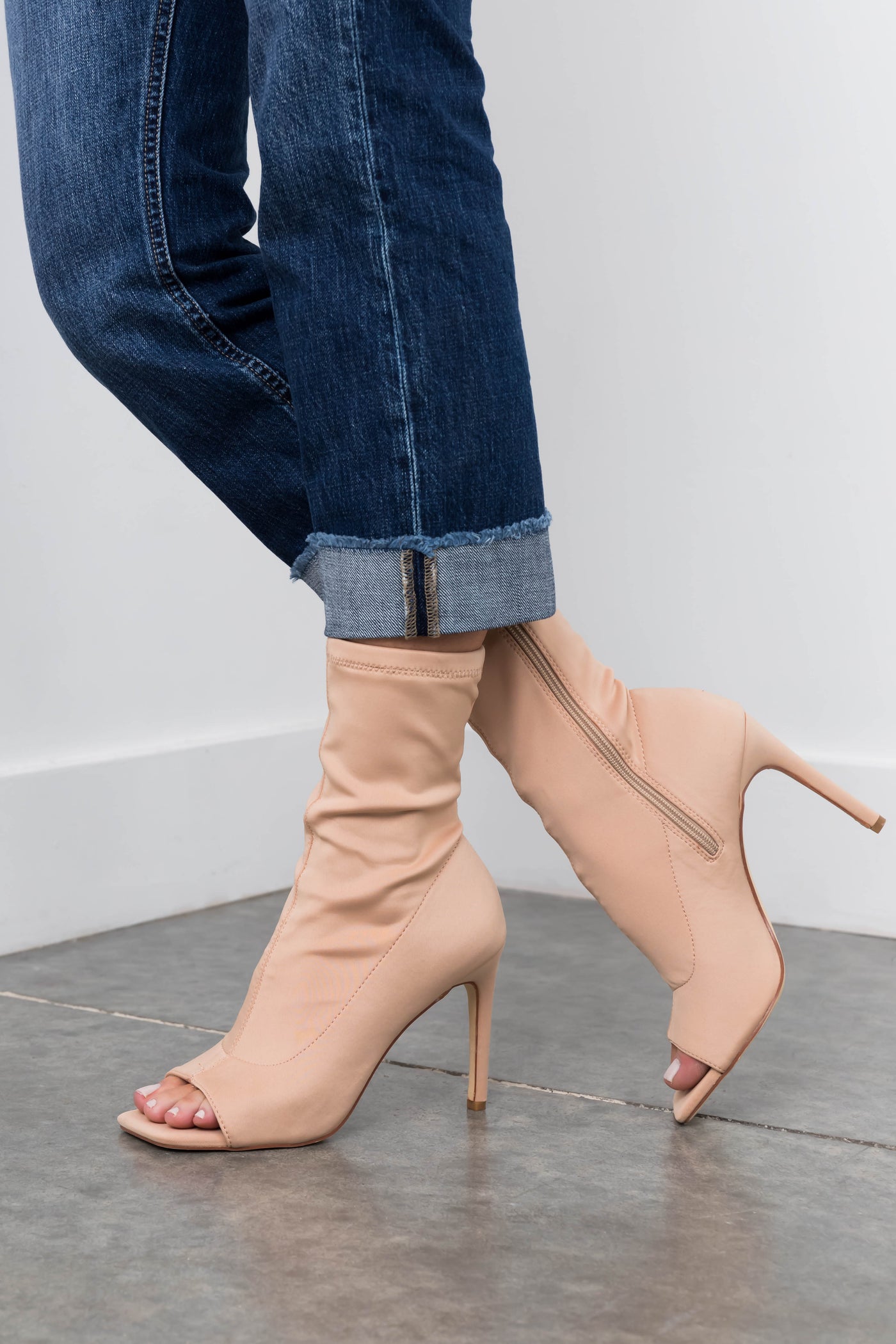 Nude Open Toe Stretchy Knit Stiletto Booties