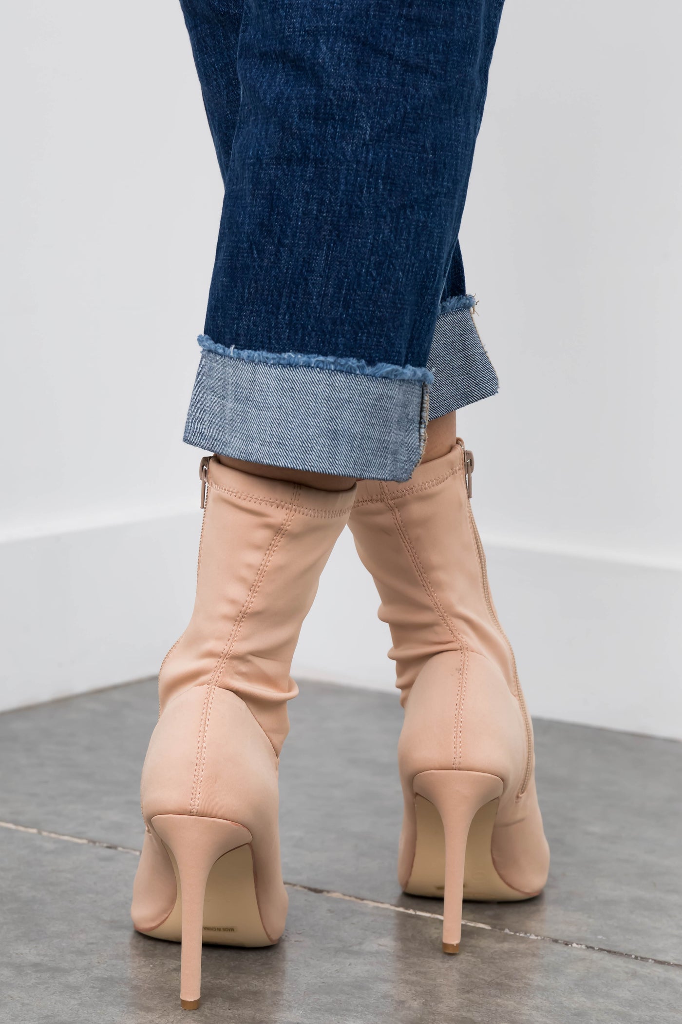 Nude Open Toe Stretchy Knit Stiletto Booties