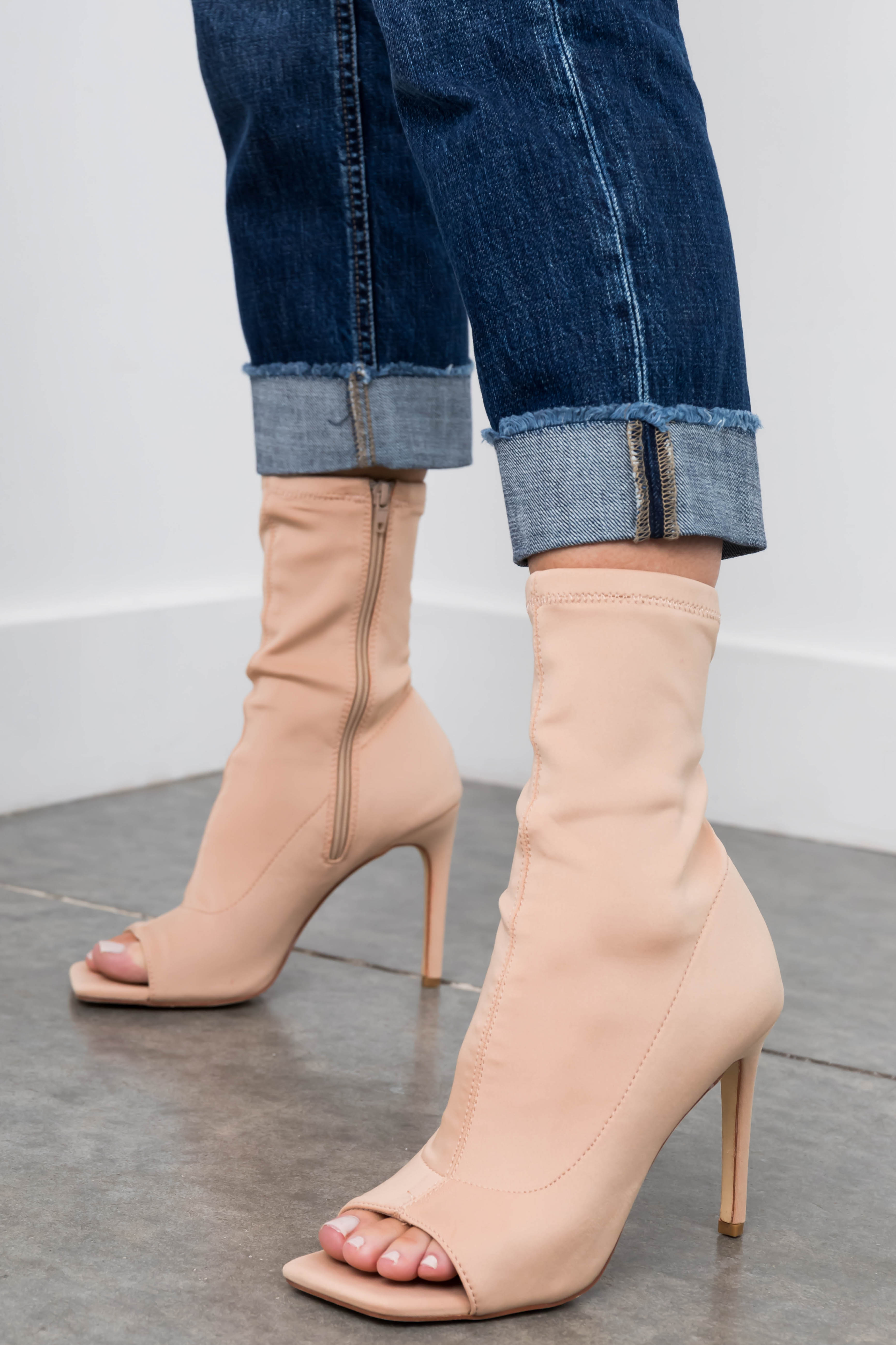 Nude Open Toe Stretchy Knit Stiletto Booties | Lime Lush Boutique