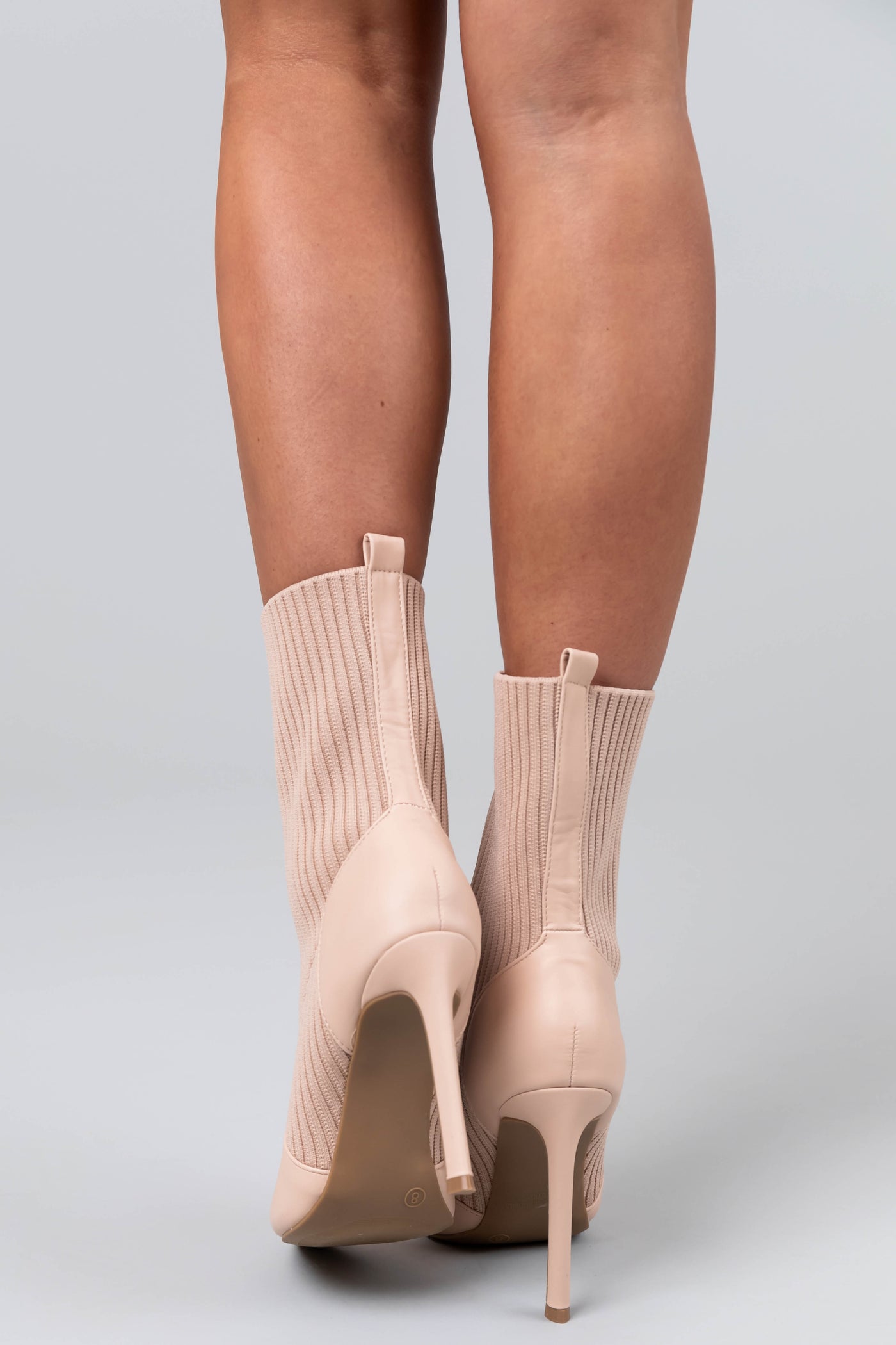 Nude Ribbed Knit Pointed Toe High Heel Booties