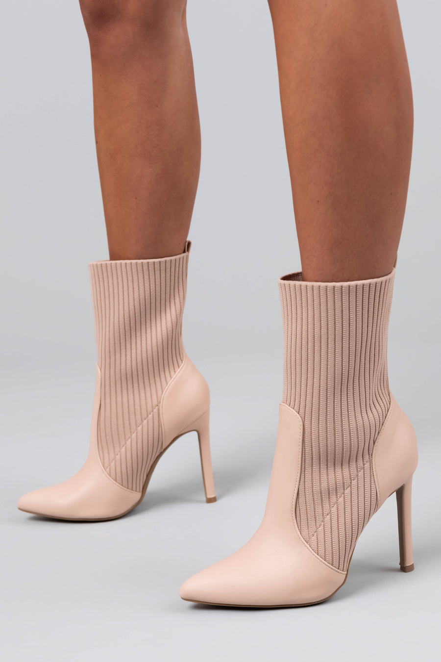Nude Ribbed Knit Pointed Toe High Heel Booties