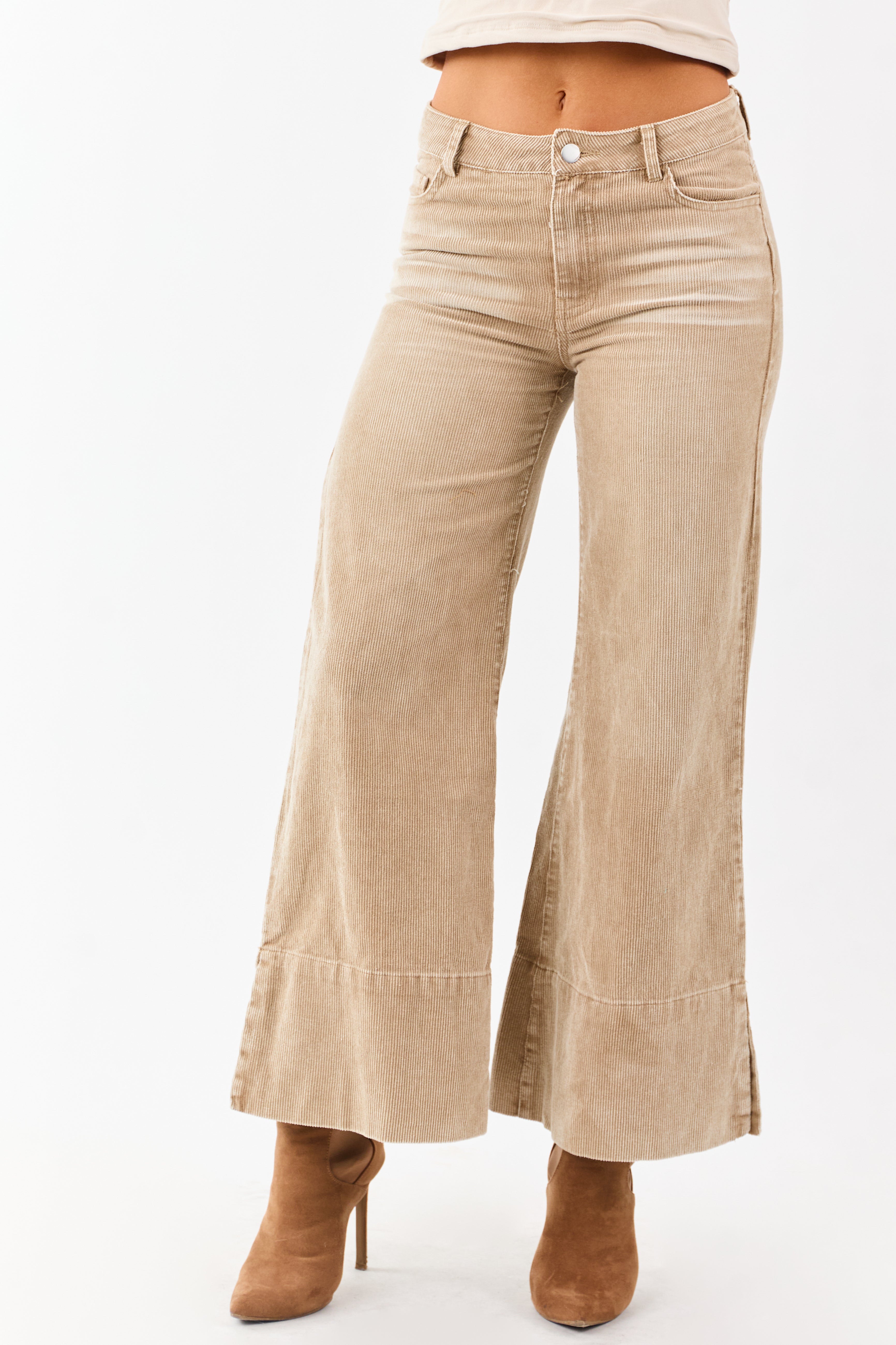 Oatmeal Vintage Wash Corduroy Wide Leg Pants | Lime Lush Boutique