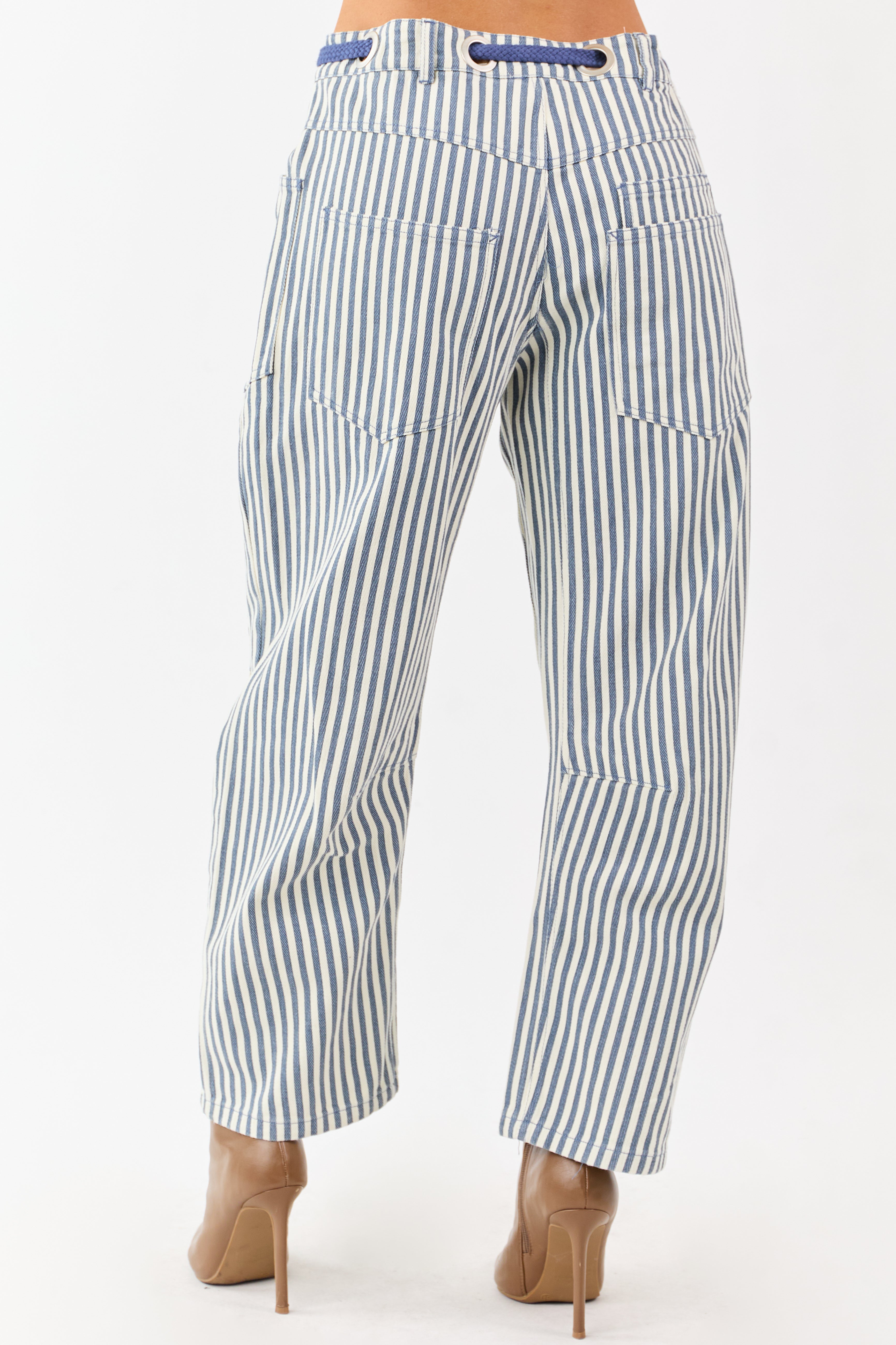 Ocean Striped Waist Tie Wide Patchwork Twill Pants