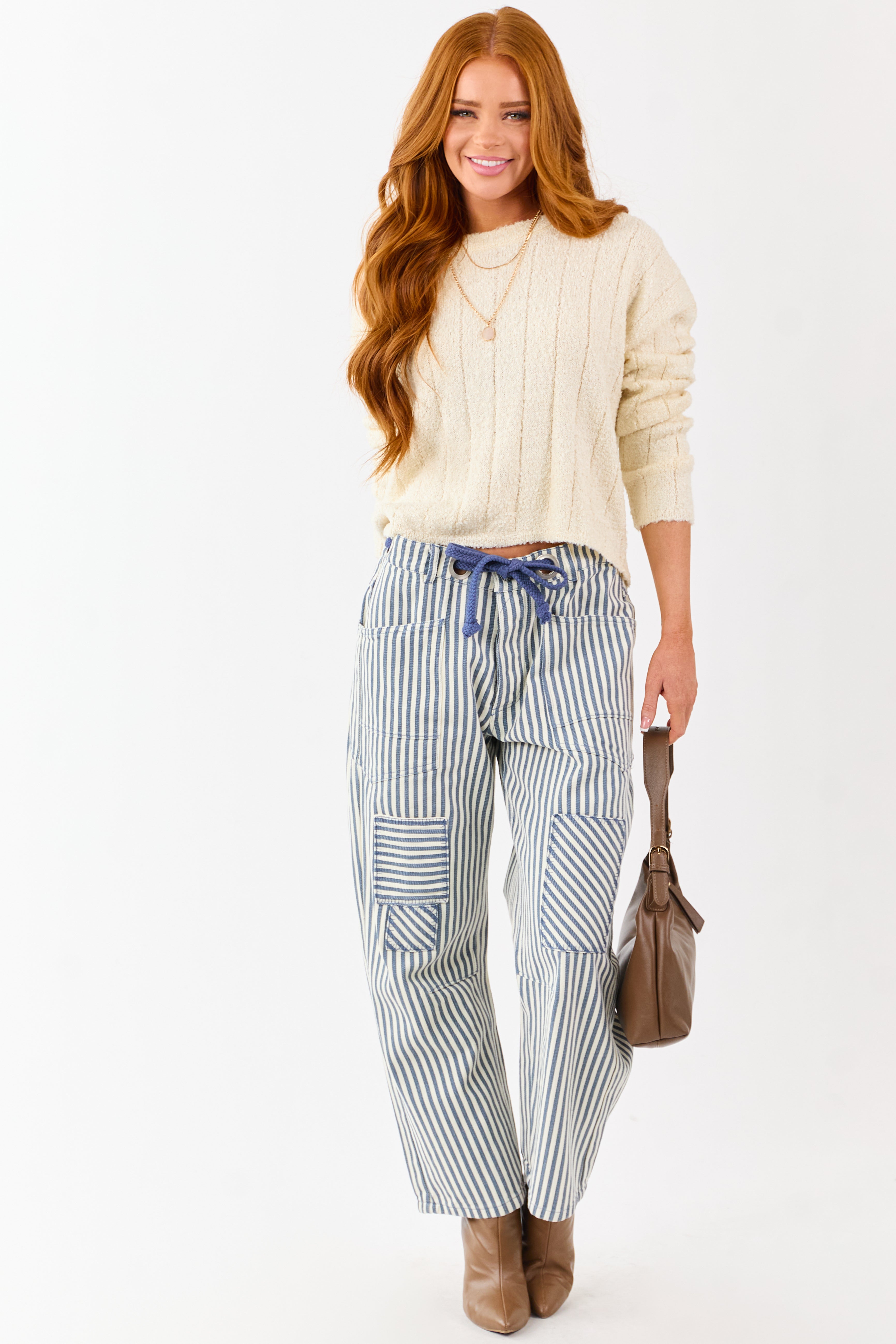 Ocean Striped Waist Tie Wide Patchwork Twill Pants