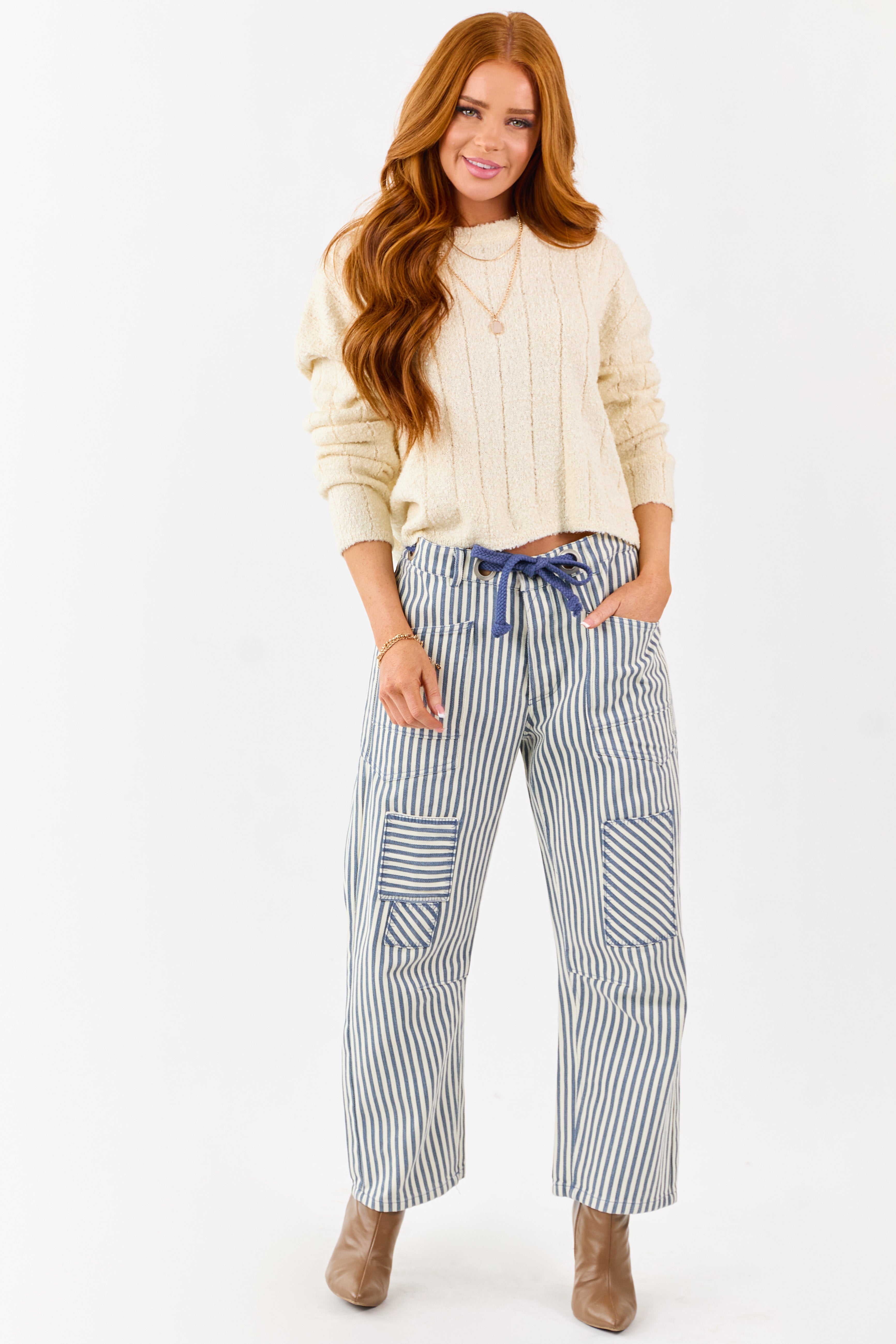 Ocean Striped Waist Tie Wide Patchwork Twill Pants