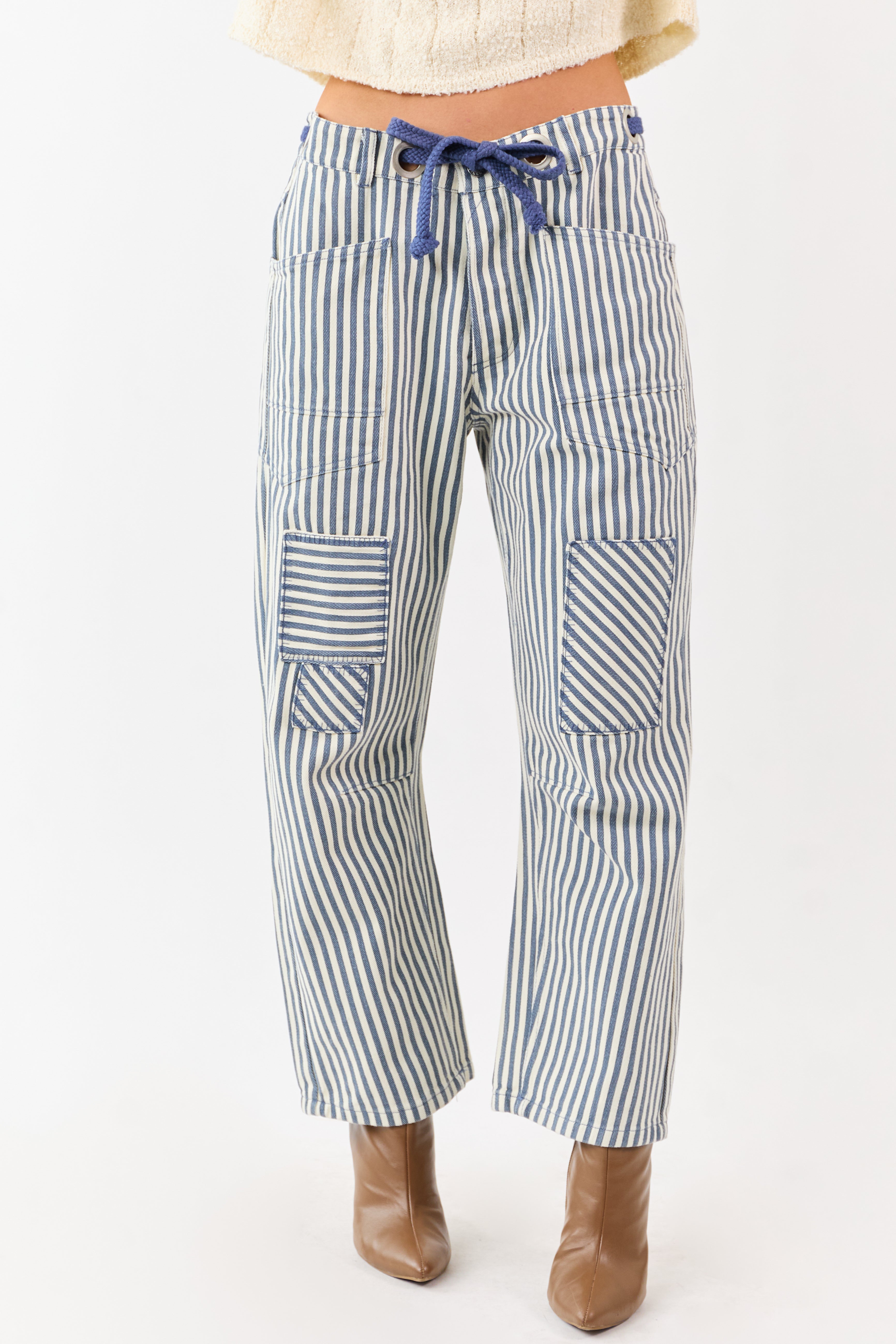 Ocean Striped Waist Tie Wide Patchwork Twill Pants