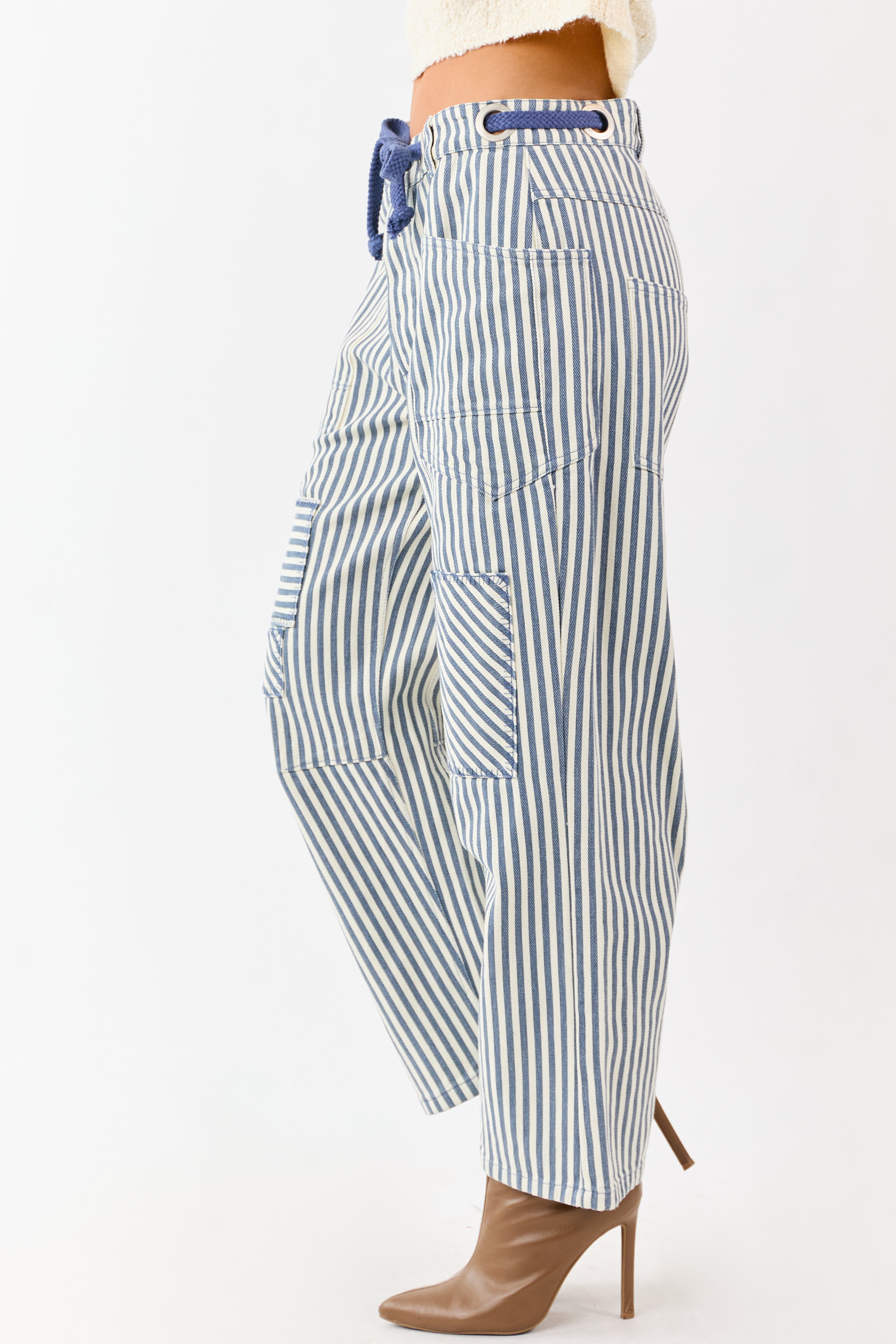 Ocean Striped Waist Tie Wide Patchwork Twill Pants