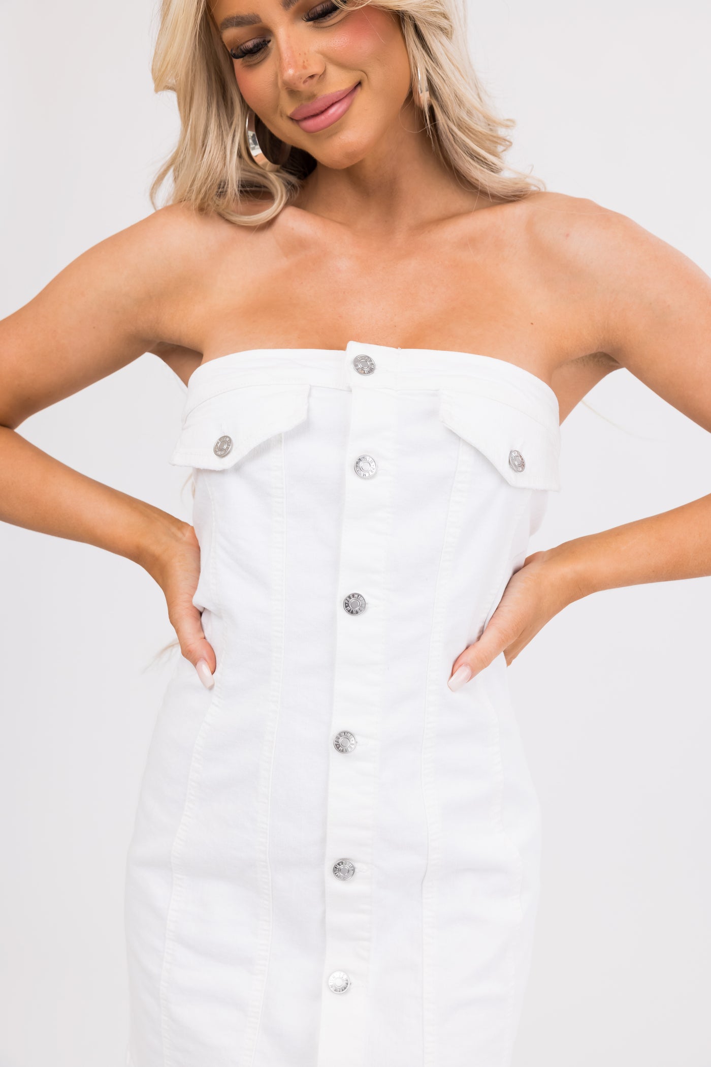 Off White Denim Strapless Button Down Mini Dress