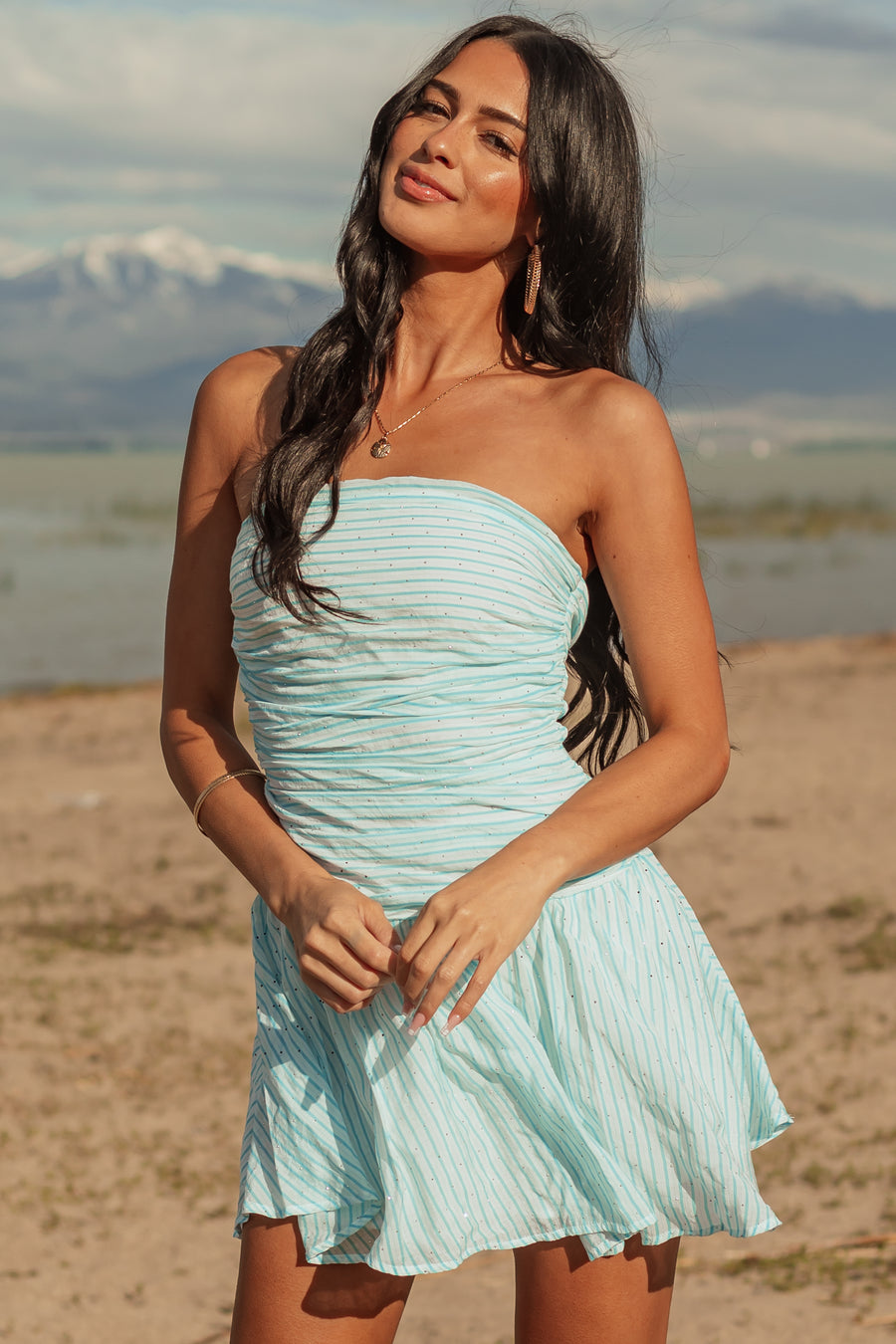 Off White Striped Rhinestone Strapless Mini Dress Off White Striped Rhinestone Strapless Mini Dress