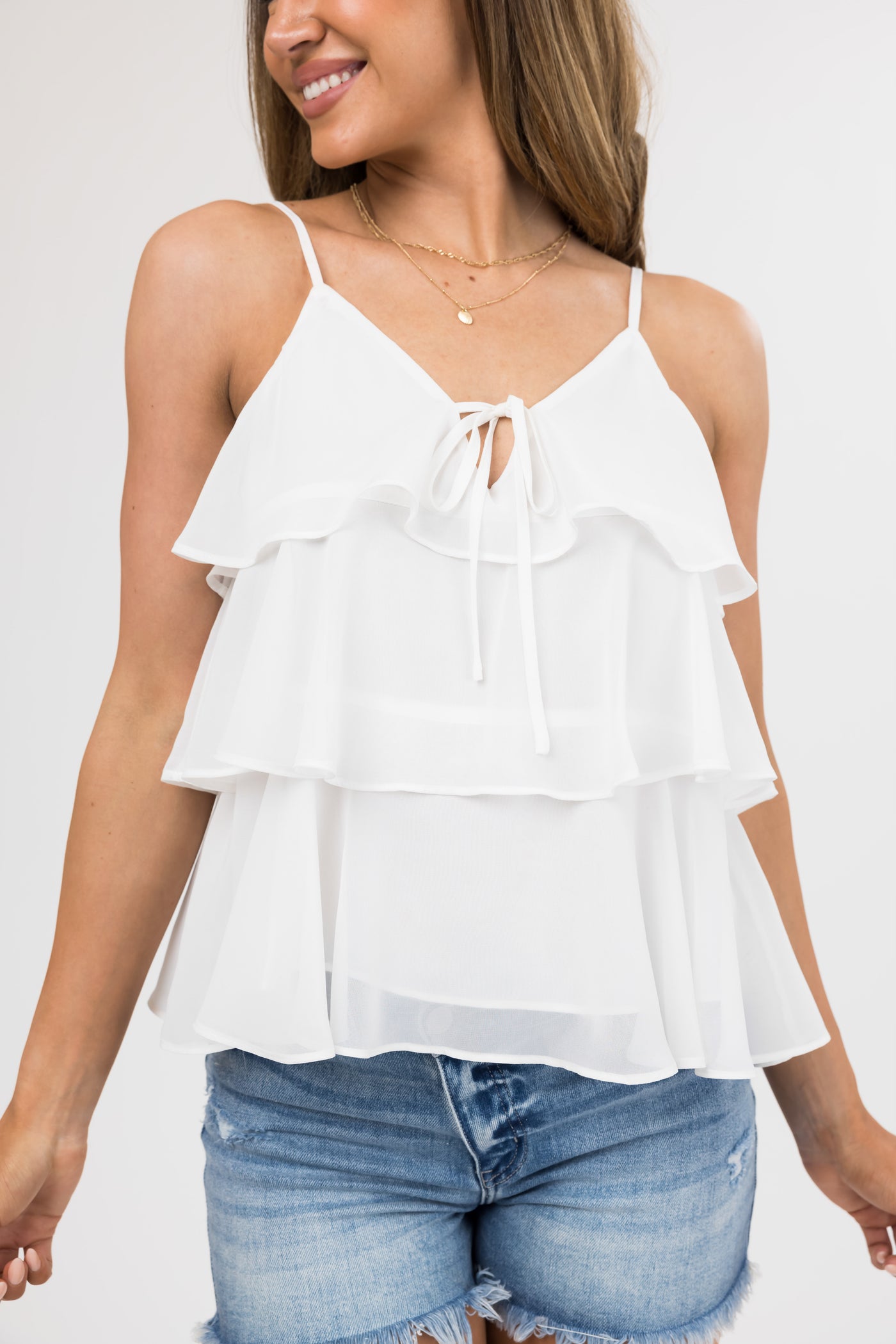 Off White Tiered Ruffle Front Tie Tank Top