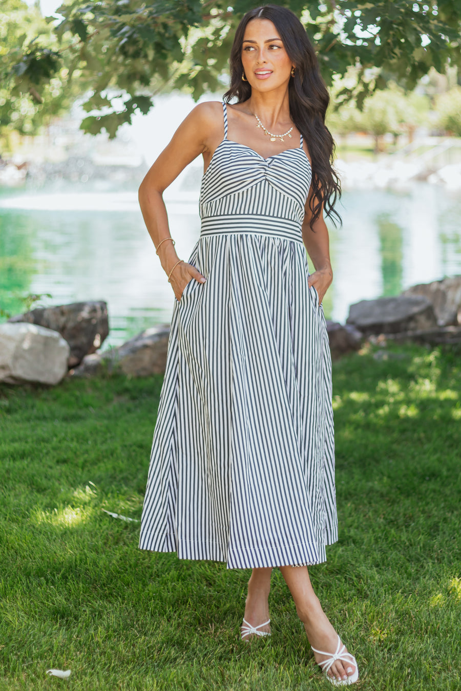 Off White and Navy Striped Sweetheart Midi Dress Off White and Navy Striped Sweetheart Midi Dress