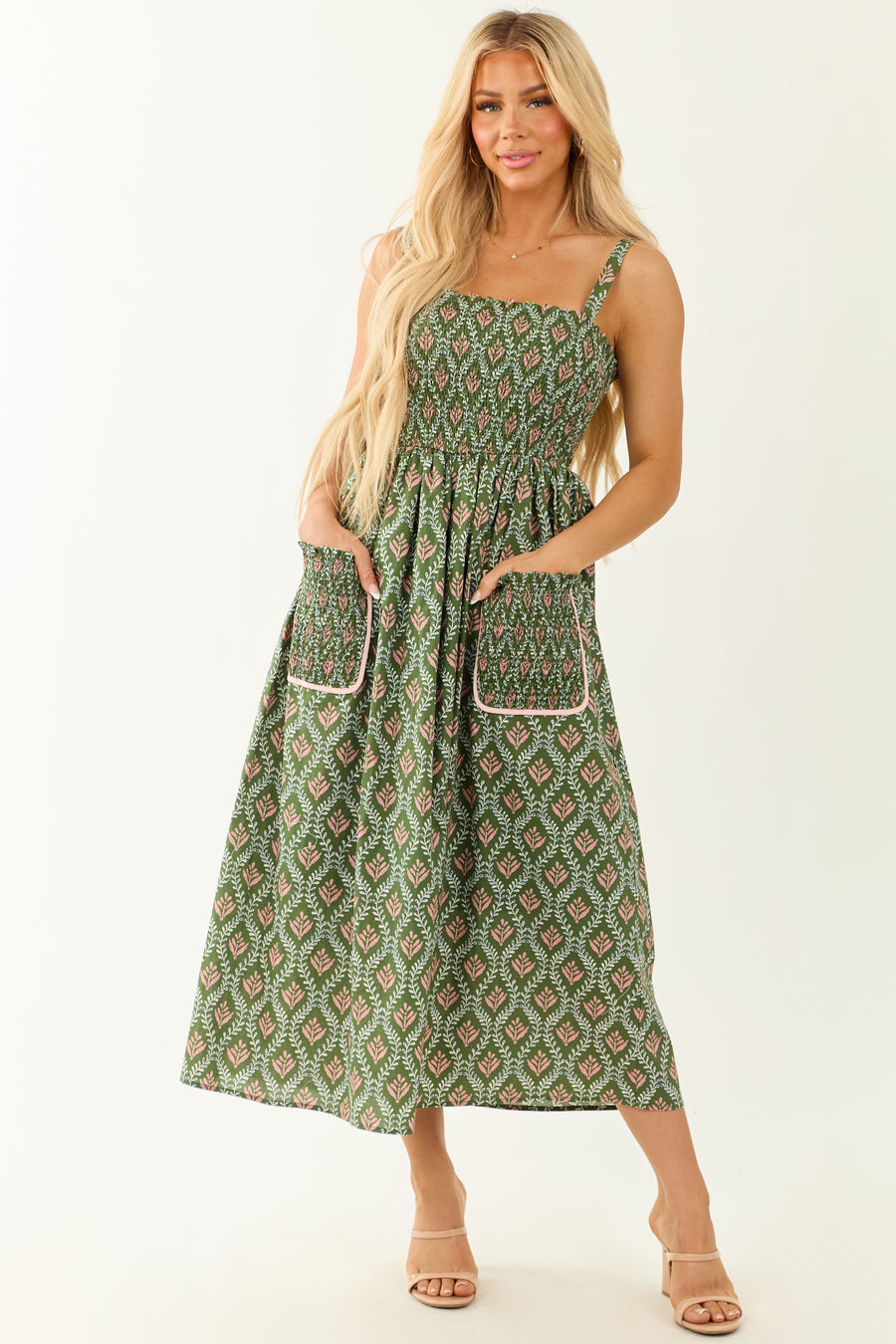 Olive Abstract Print Sleeveless Smocked Midi Dress | Lime Lush Boutique Olive Abstract Print Sleeveless Smocked Midi Dress | Lime Lush Boutique
