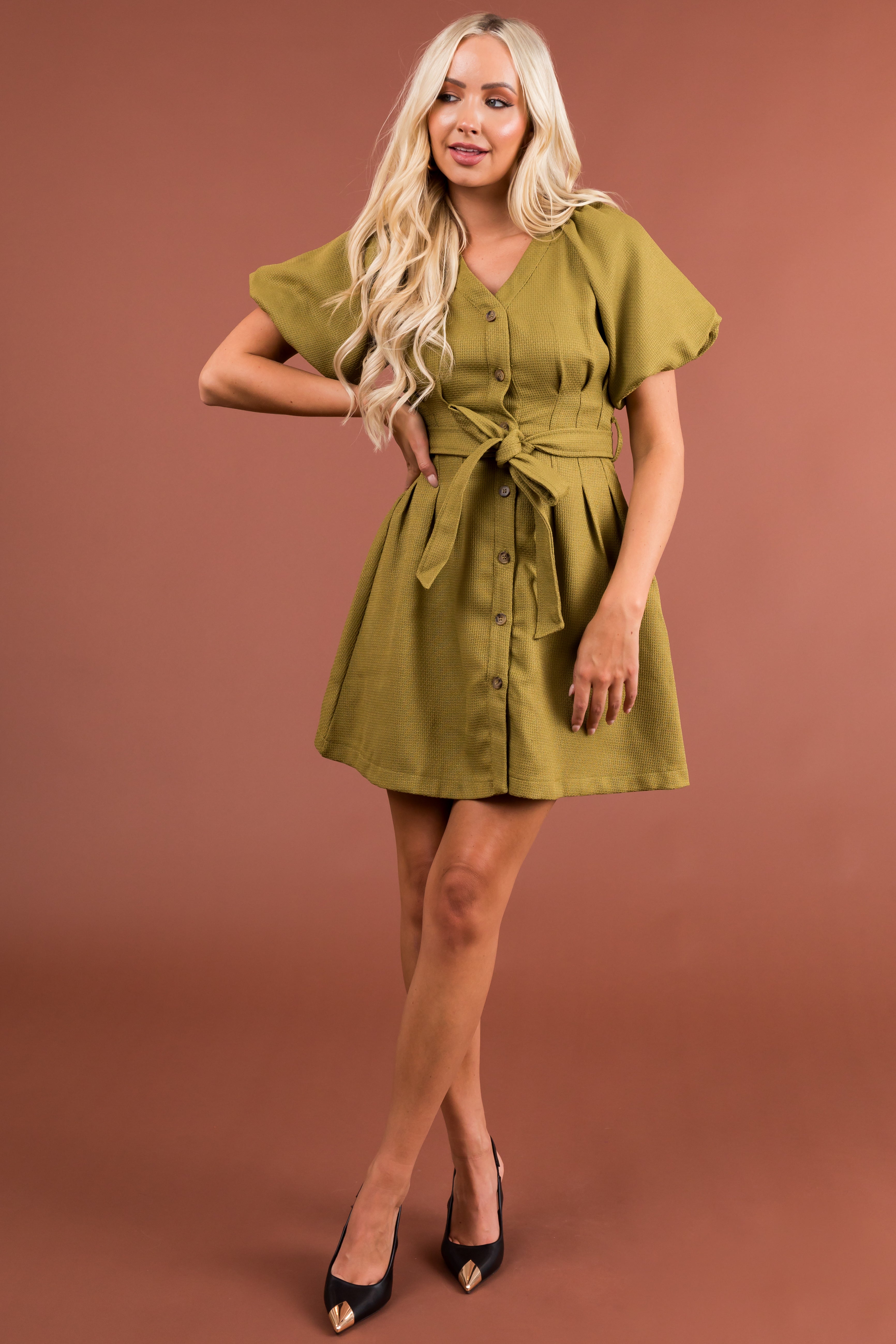 Entro Women's Olive Button Down Belted Short Dress - Size M