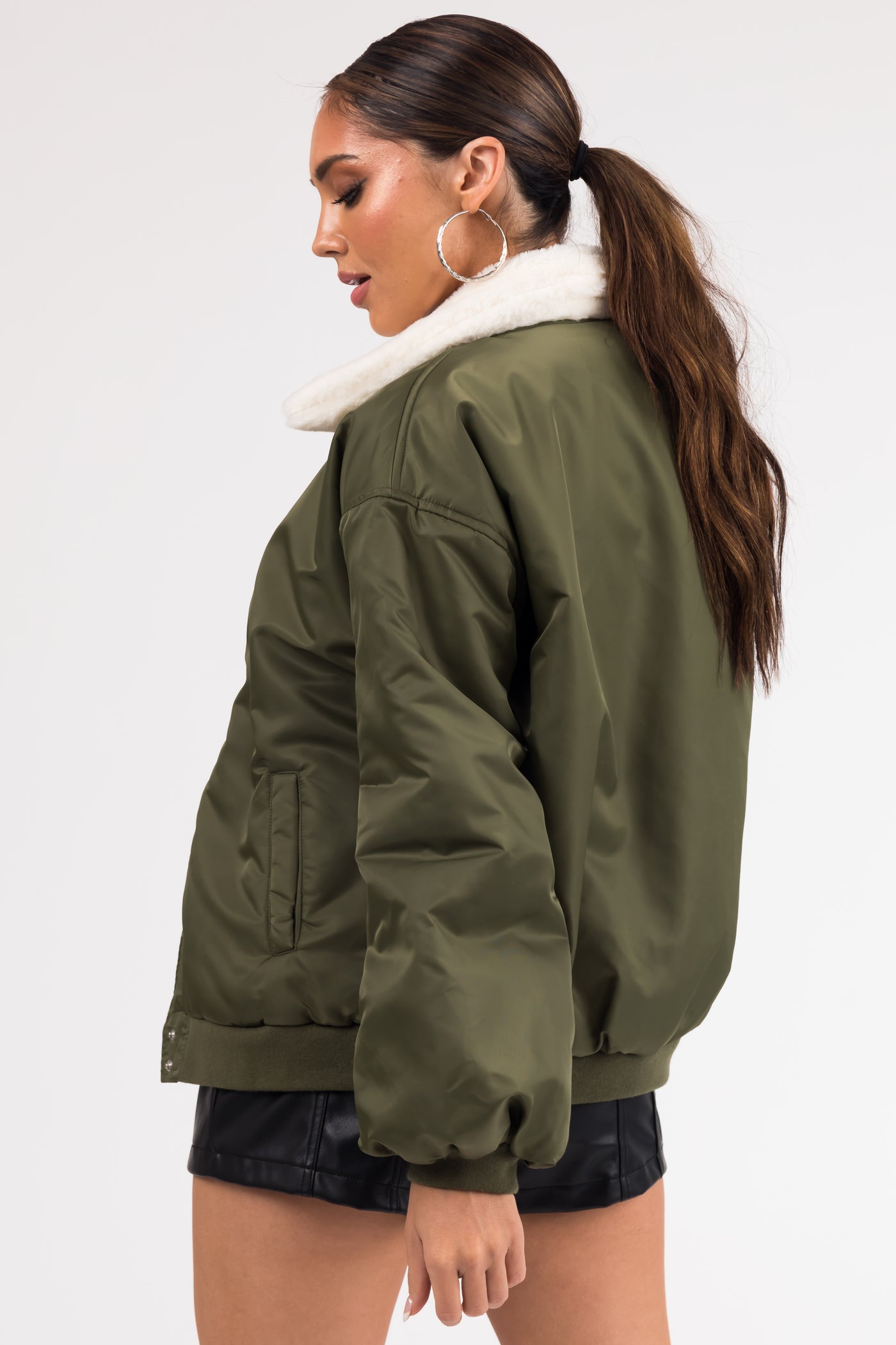 Olive Button Down Faux Fur Collar Bomber Jacket
