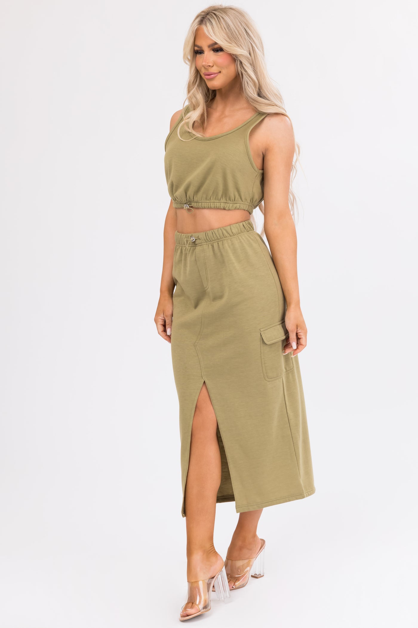 Olive Crop Top and Cargo Skirt Set