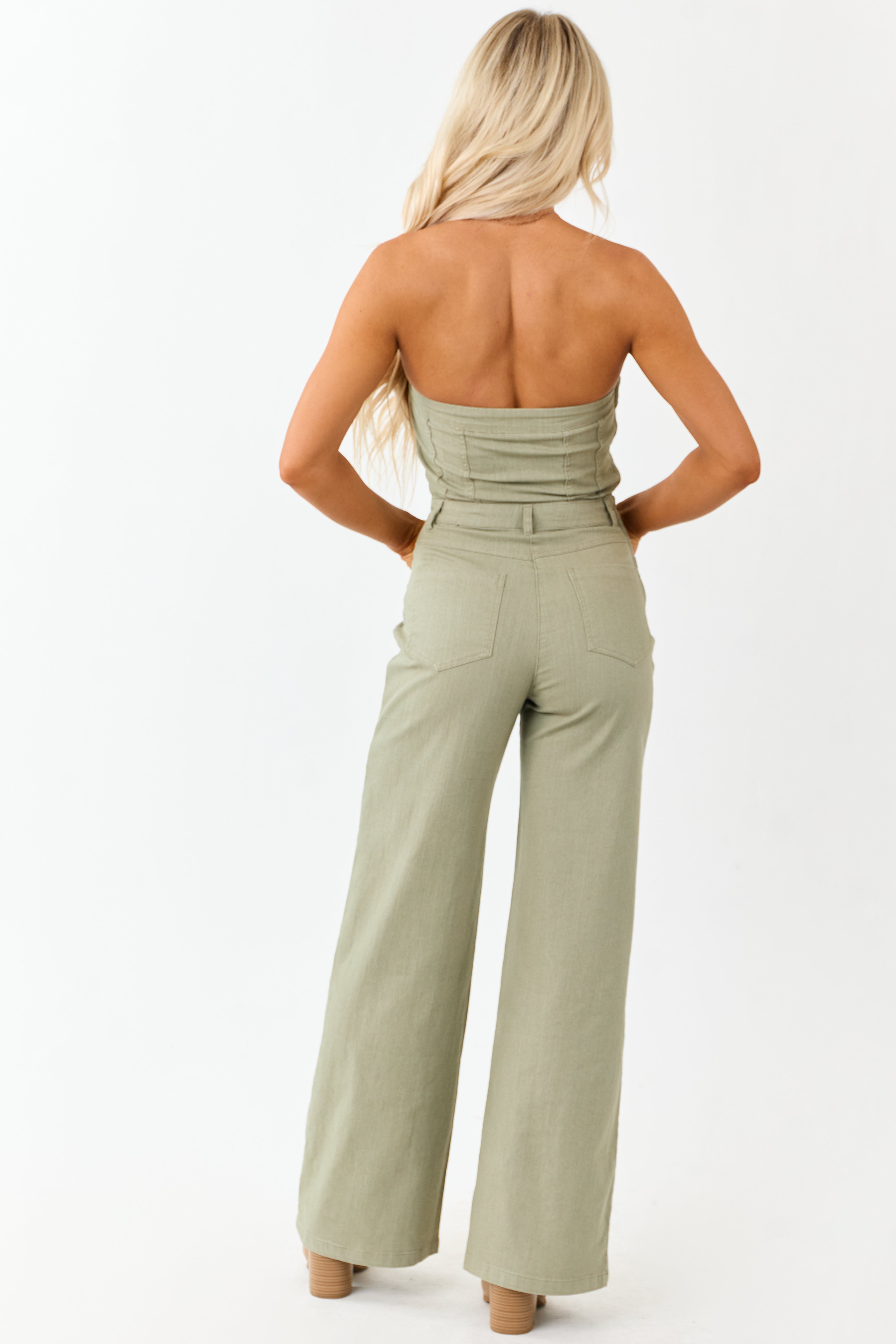 Olive Strapless Wide Leg Denim Jumpsuit