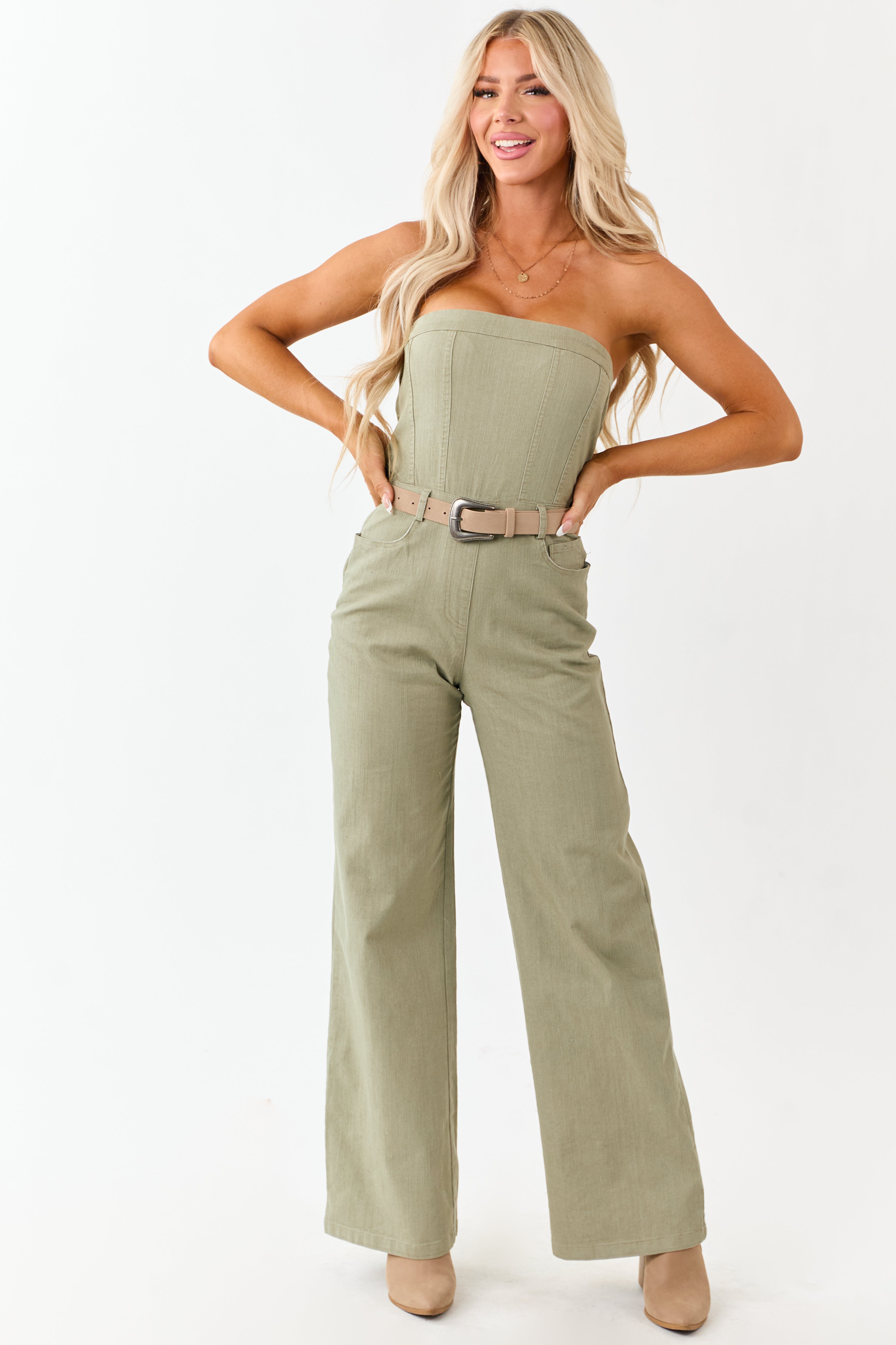 Olive Strapless Wide Leg Denim Jumpsuit