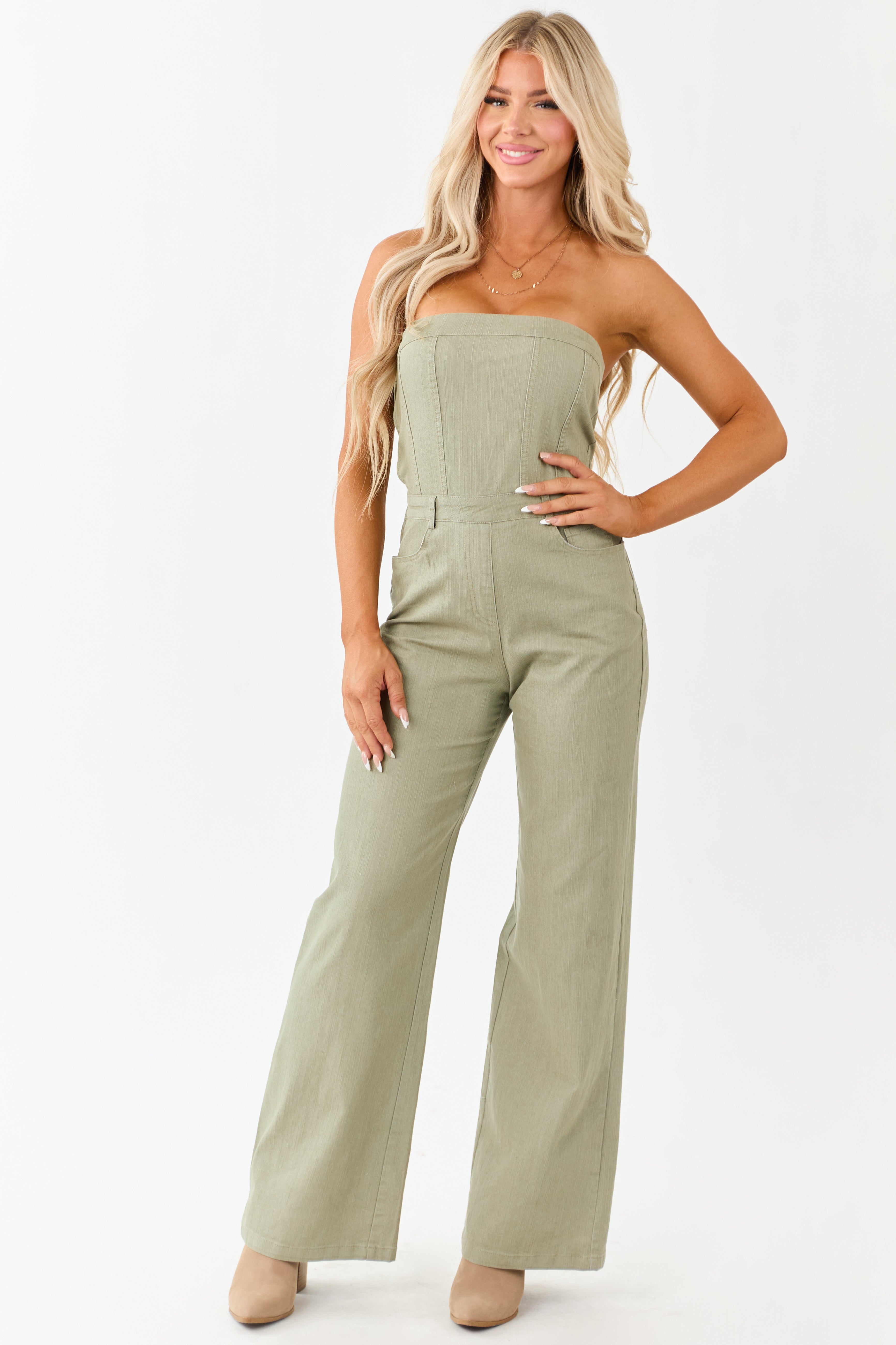 Olive Strapless Wide Leg Denim Jumpsuit