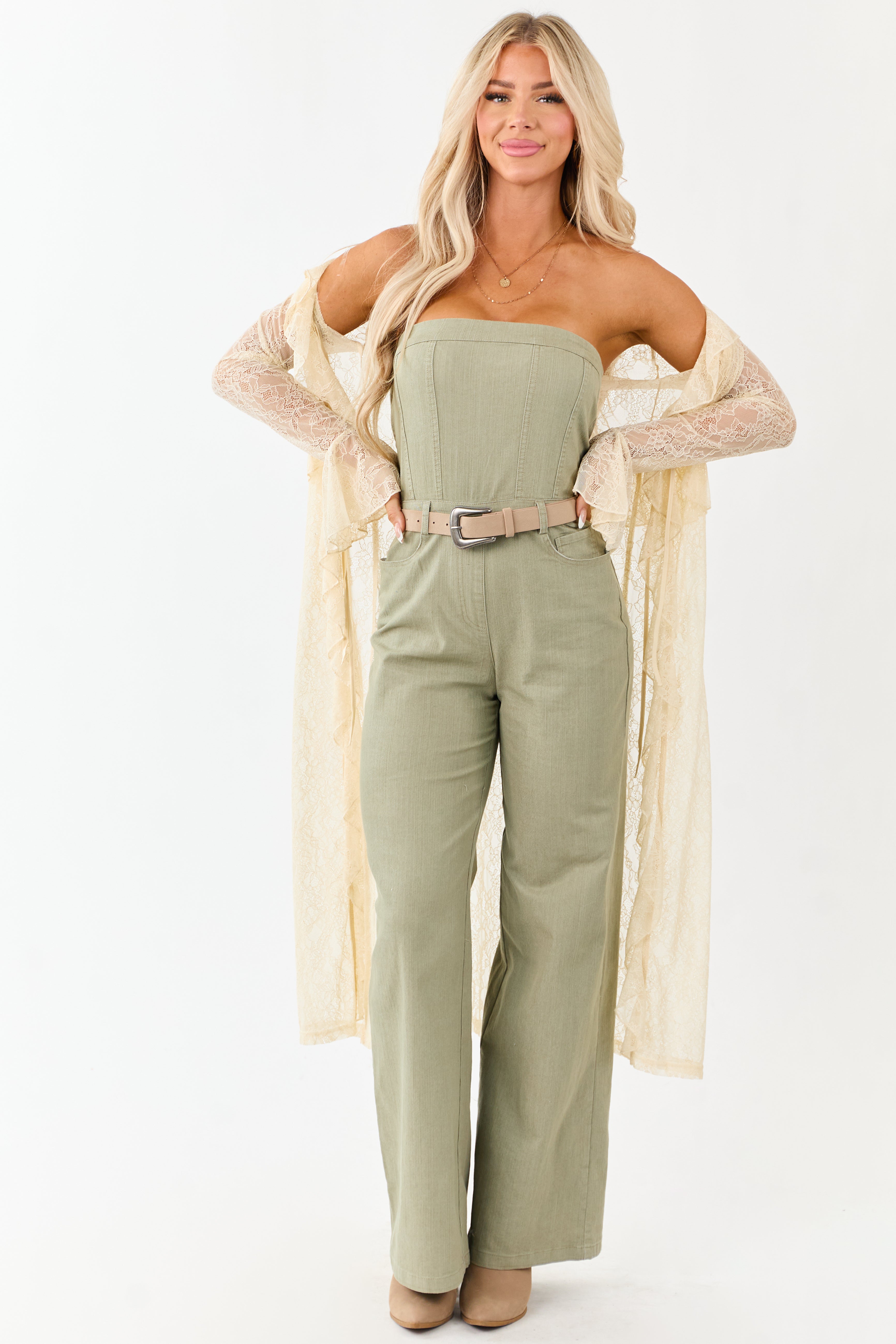 Olive Strapless Wide Leg Denim Jumpsuit
