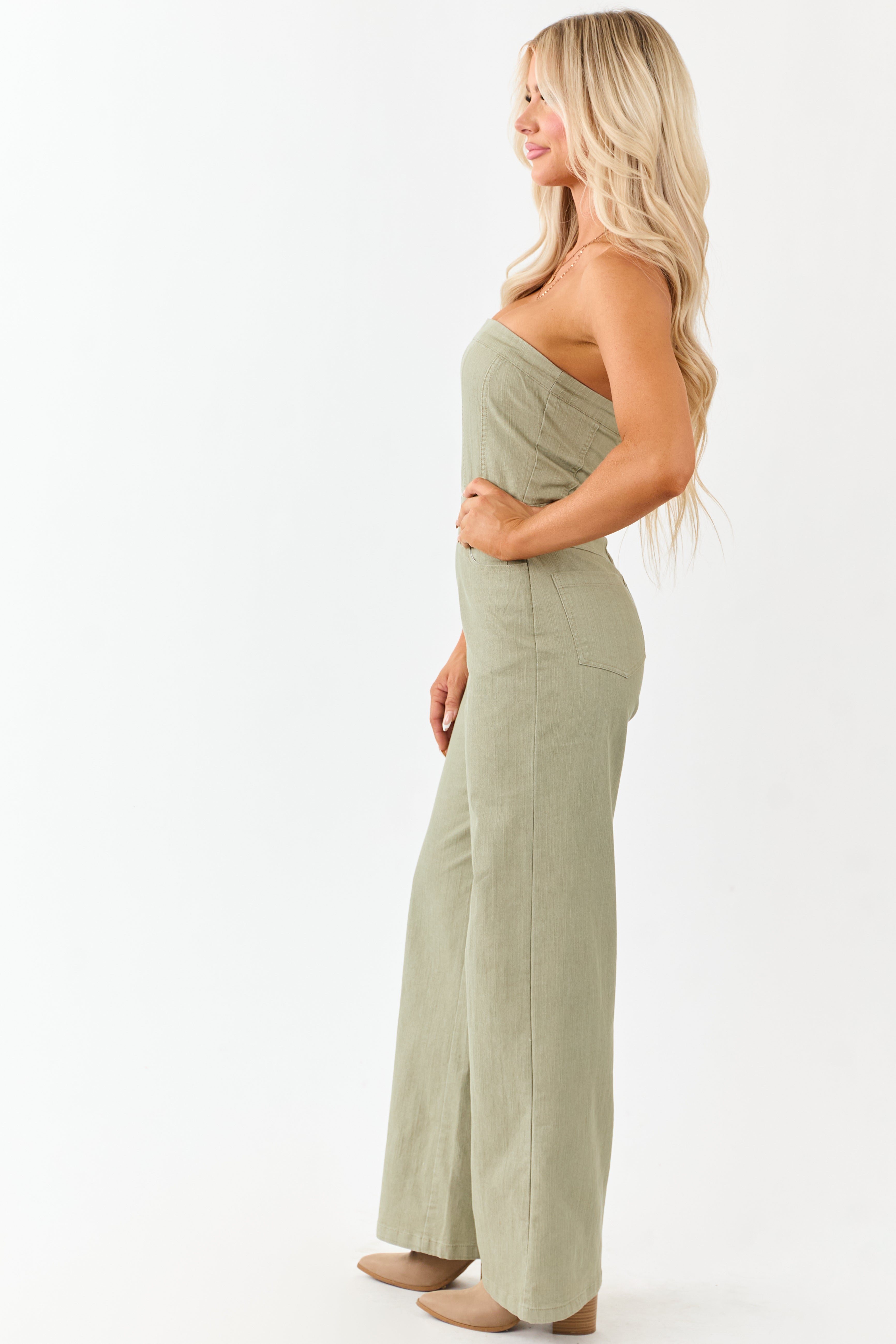 Olive Strapless Wide Leg Denim Jumpsuit